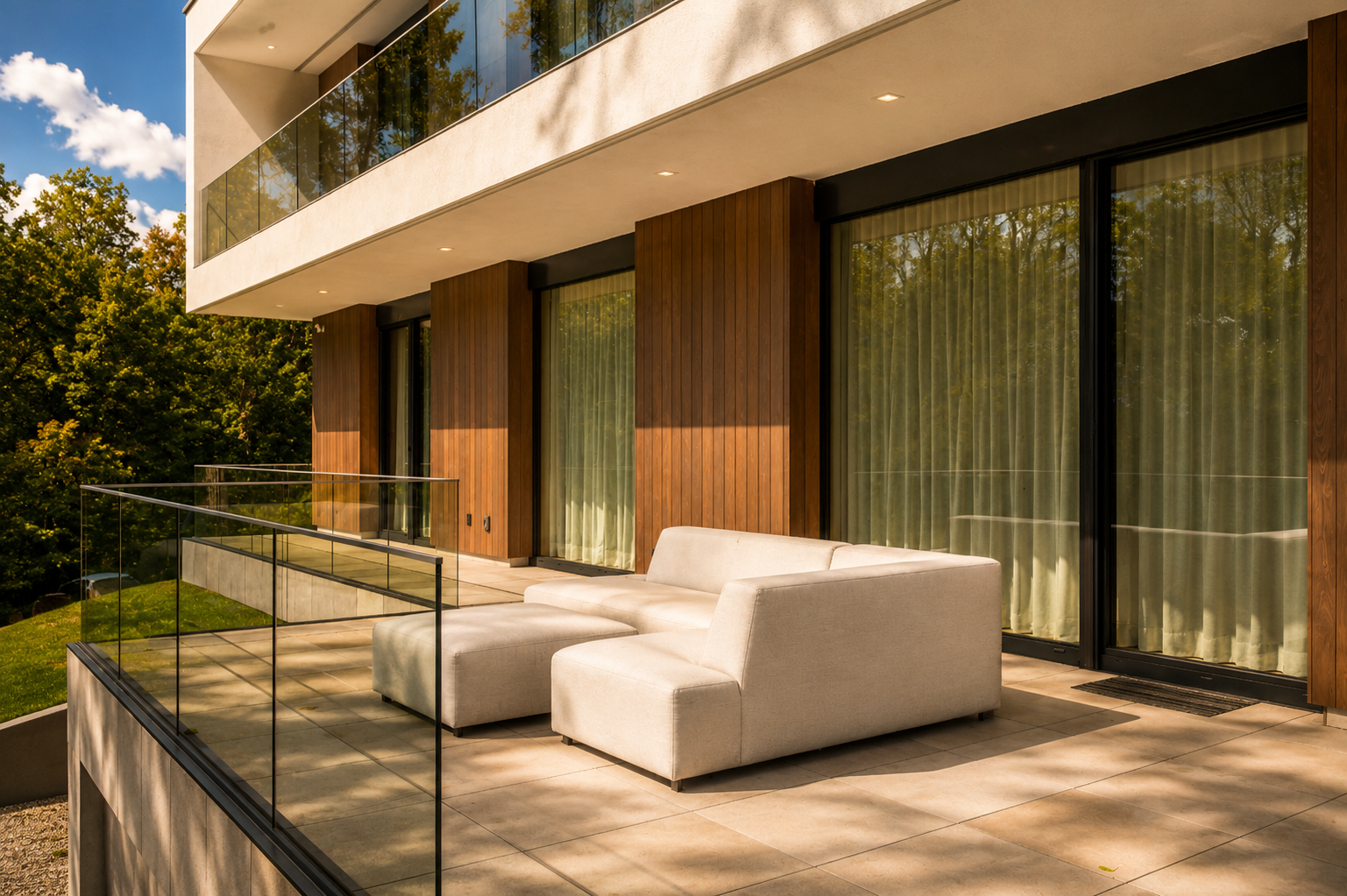 Modern apartment balcony with beige outdoor sofa, glass and metal railing, wooden wall panels, and large sliding glass doors with curtains, surrounded by trees on a sunny day.