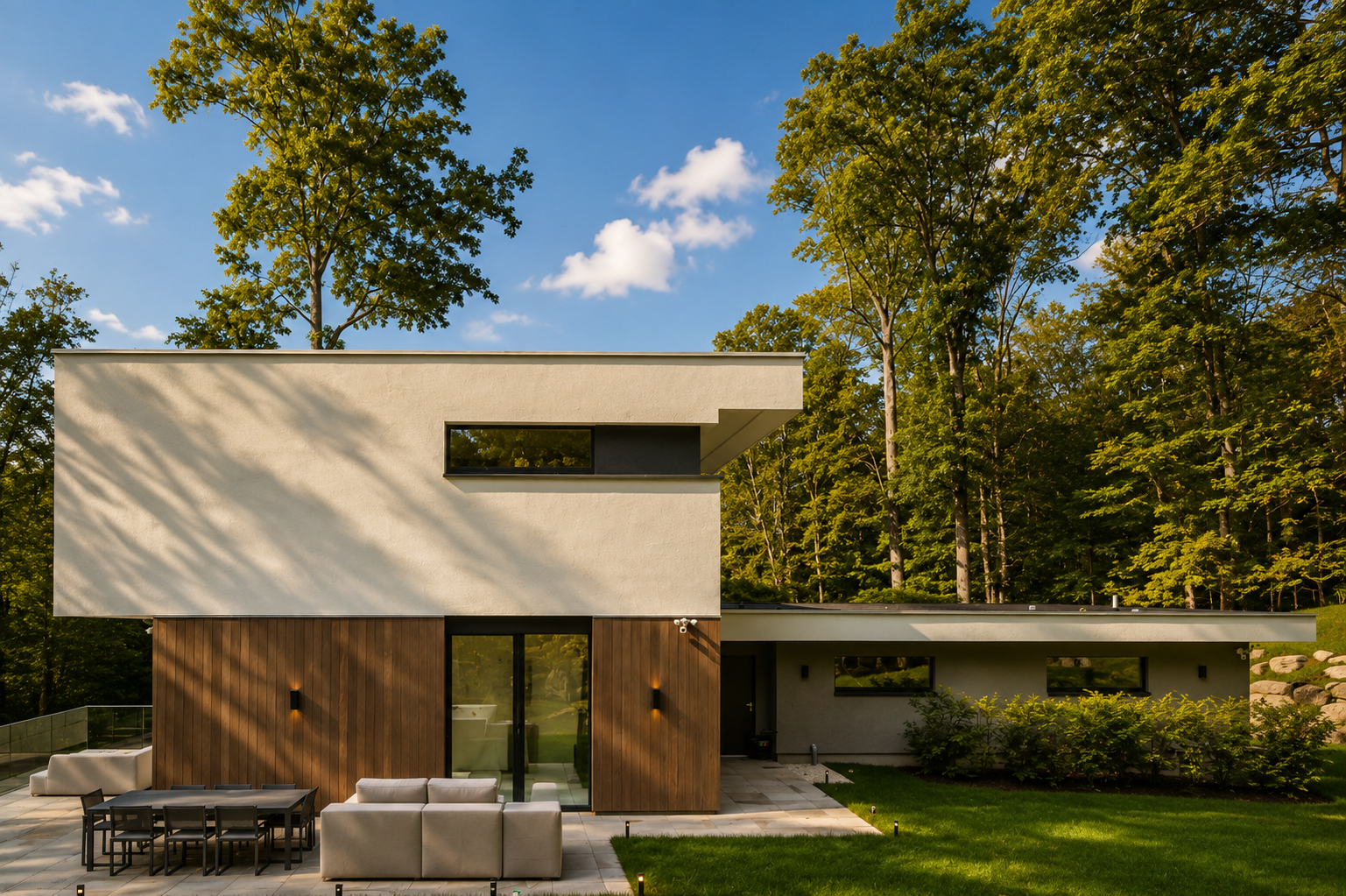 Modern house with a flat roof, light-colored upper level, wooden paneled lower level, large glass sliding door, outdoor patio furniture, greenery, and tall trees under a blue sky.