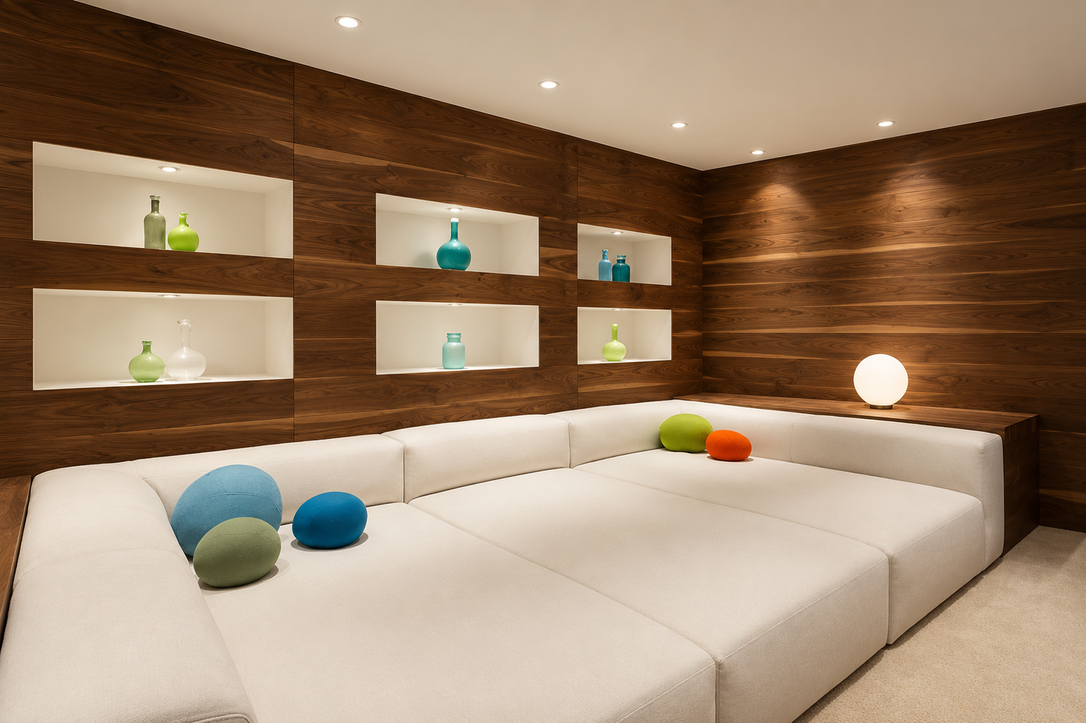 Living room with wooden-paneled wall display shelves holding colorful vases, a white sectional sofa with multicolored cushions, and a round lamp on the side table.