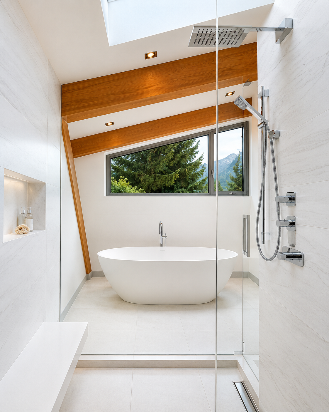 Modern bathroom with a freestanding bathtub, large window showing trees and mountains, skylight, and wooden ceiling beams.