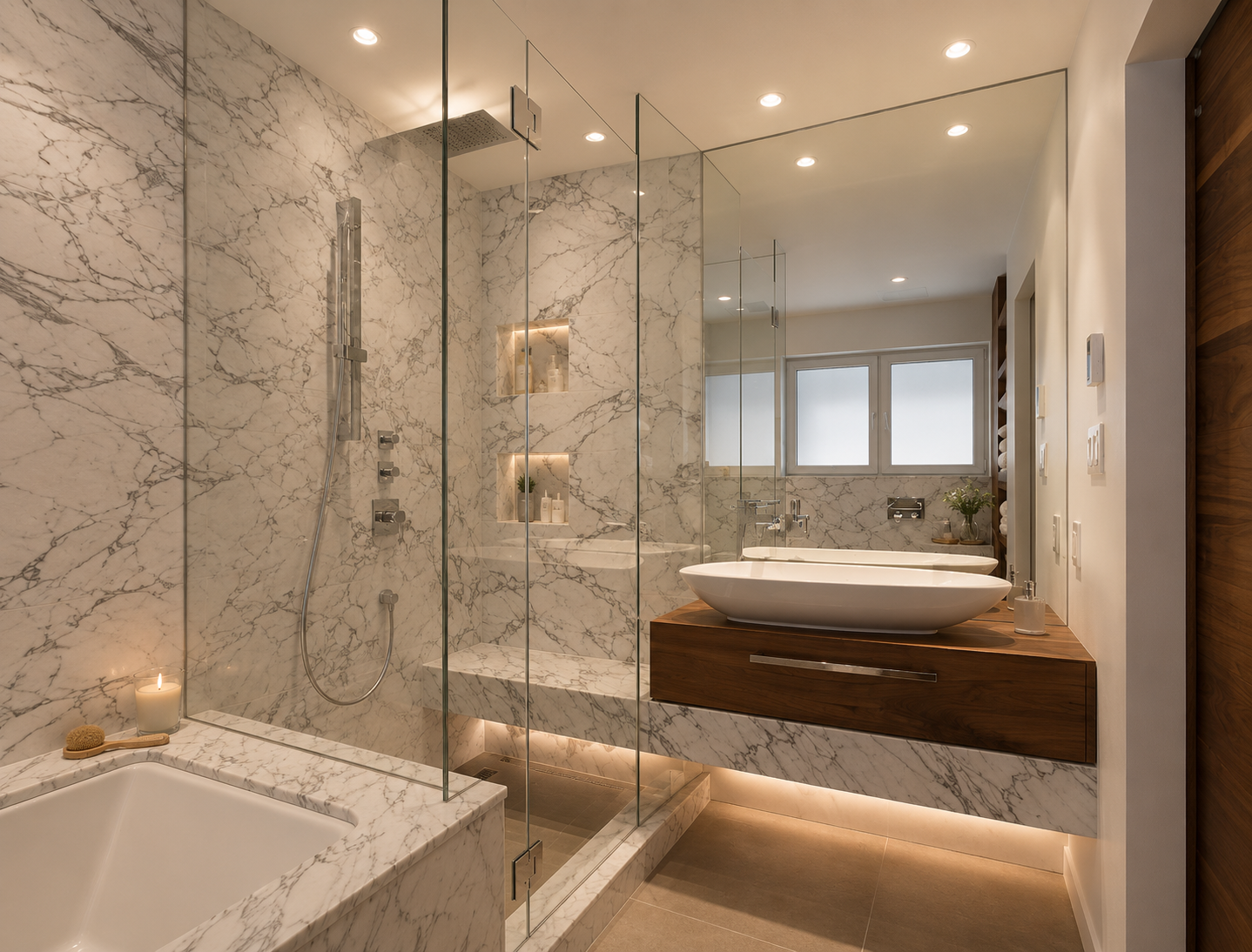 Modern bathroom with marble walls and a glass-enclosed shower, a large white sink on a wooden vanity, a bathtub, and a window with frosted glass.
