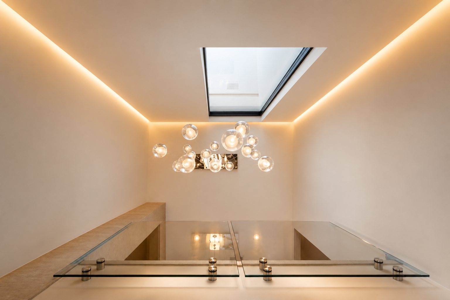 Interior view of a modern room with a skylight, circular chandelier, and glass railing.