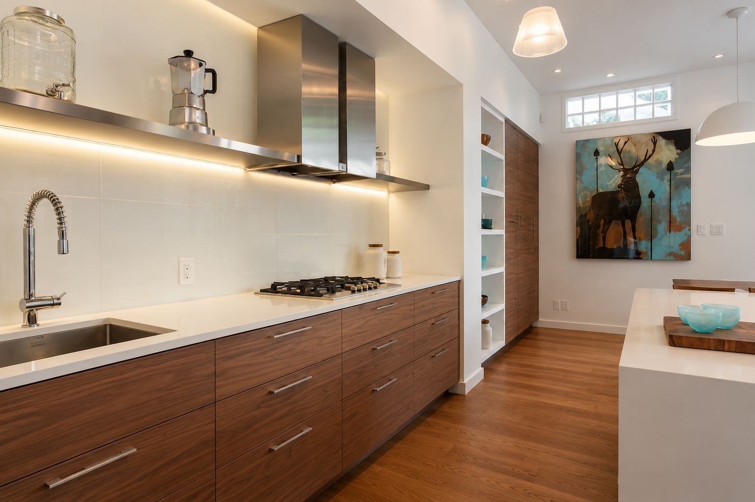 Modern kitchen with wooden cabinets, white countertop, stainless steel sink and faucet, gas stove, open shelving with decorative jars, wall art of a deer with arrows, and a kitchen island with blue bowls.