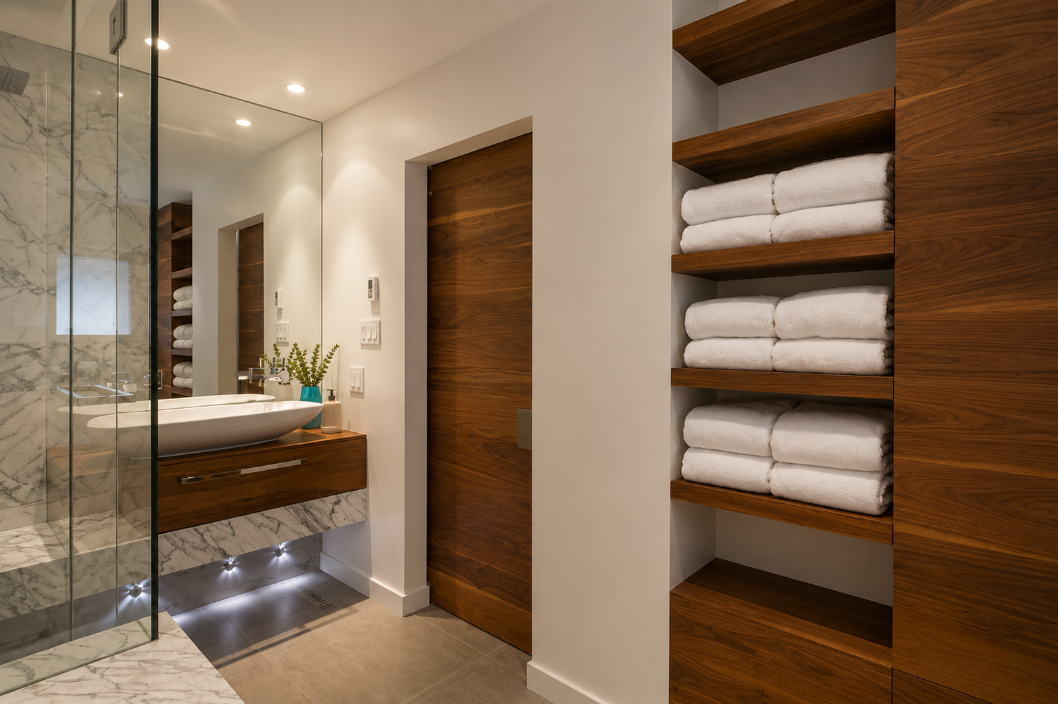 Modern bathroom with marble shower, white vessel sink, wooden cabinetry, and built-in shelves with rolled towels.