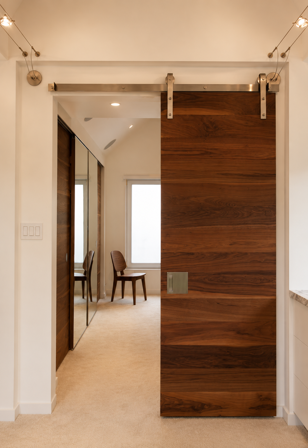 A sliding wooden door on a metal track partially open reveals a room with two chairs and a window.