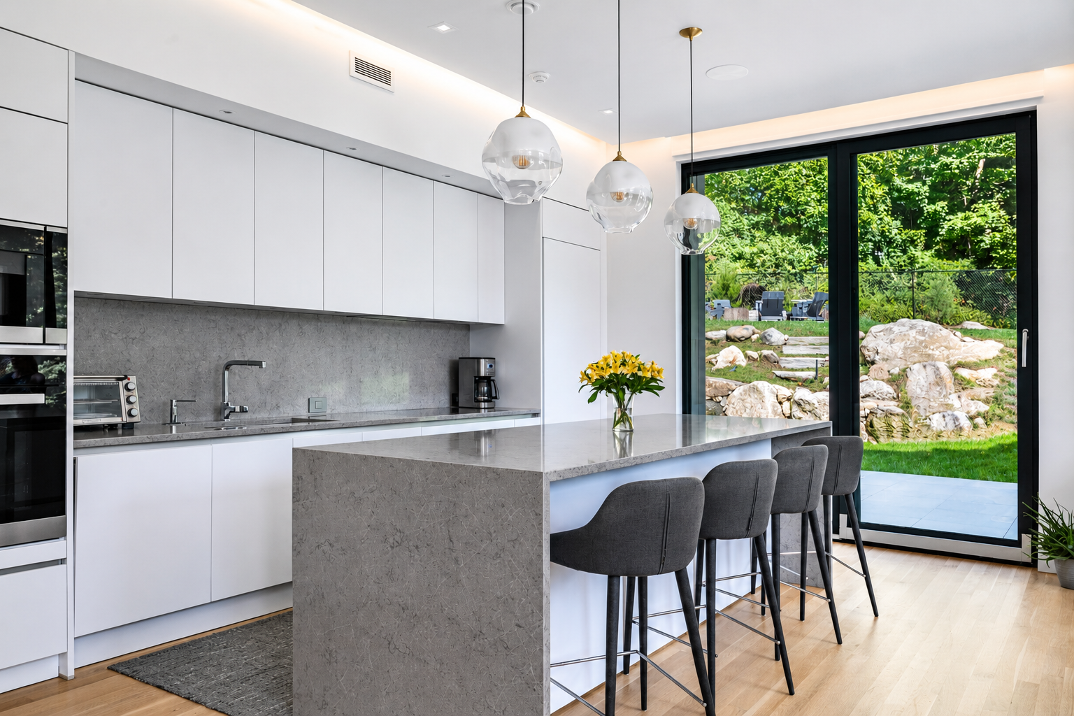 Modern kitchen with white cabinets, gray marble countertops, and a large kitchen island with four gray barstools. Three glass pendant lights hang above the island, and a vase with yellow flowers is on top. Large sliding glass doors lead to a green backyard with rocks and outdoor seating.