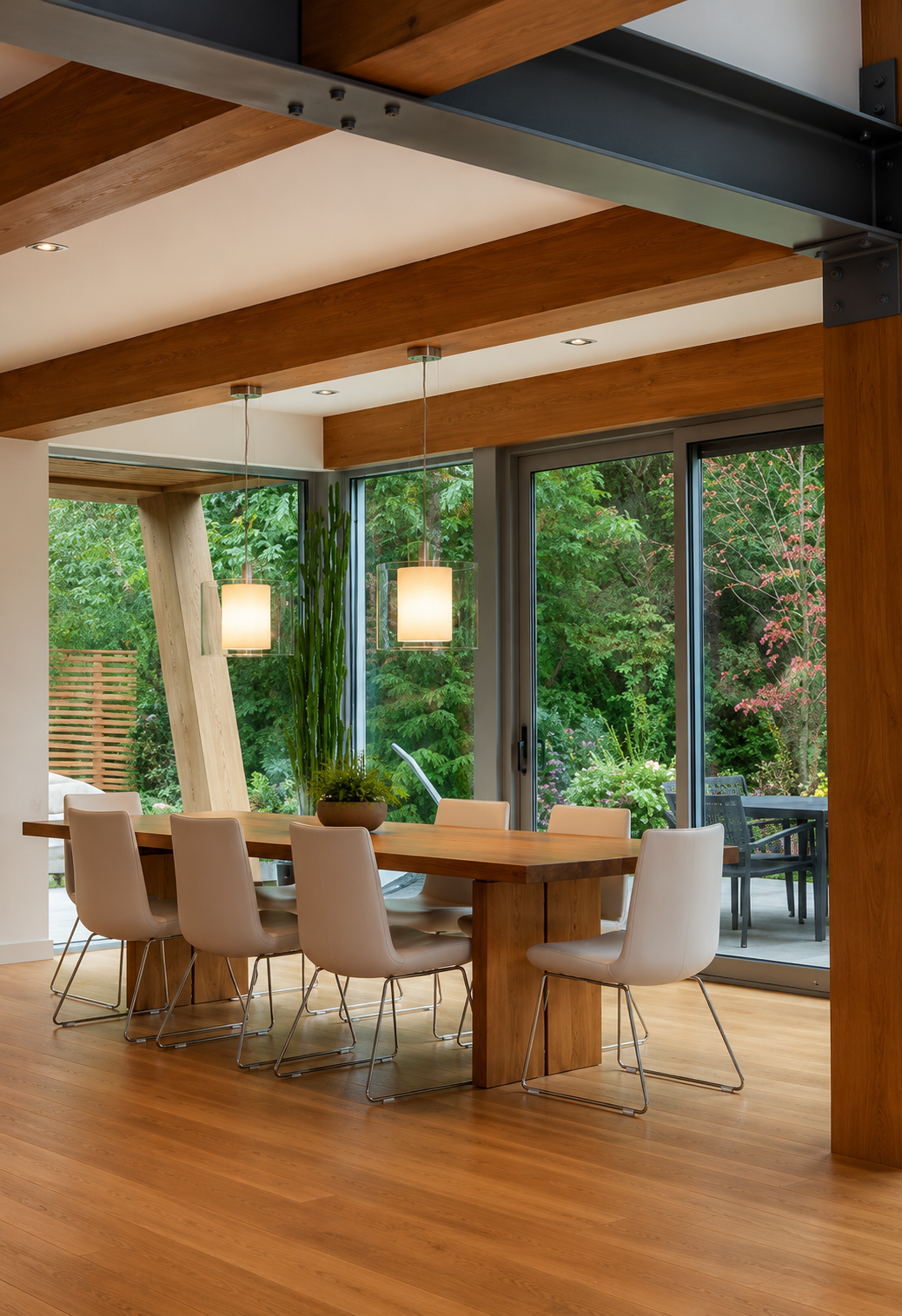 Modern dining room with wooden beams, a wooden table, eight beige chairs, hanging pendant lights, large windows with a view of greenery, and a tall indoor plant.