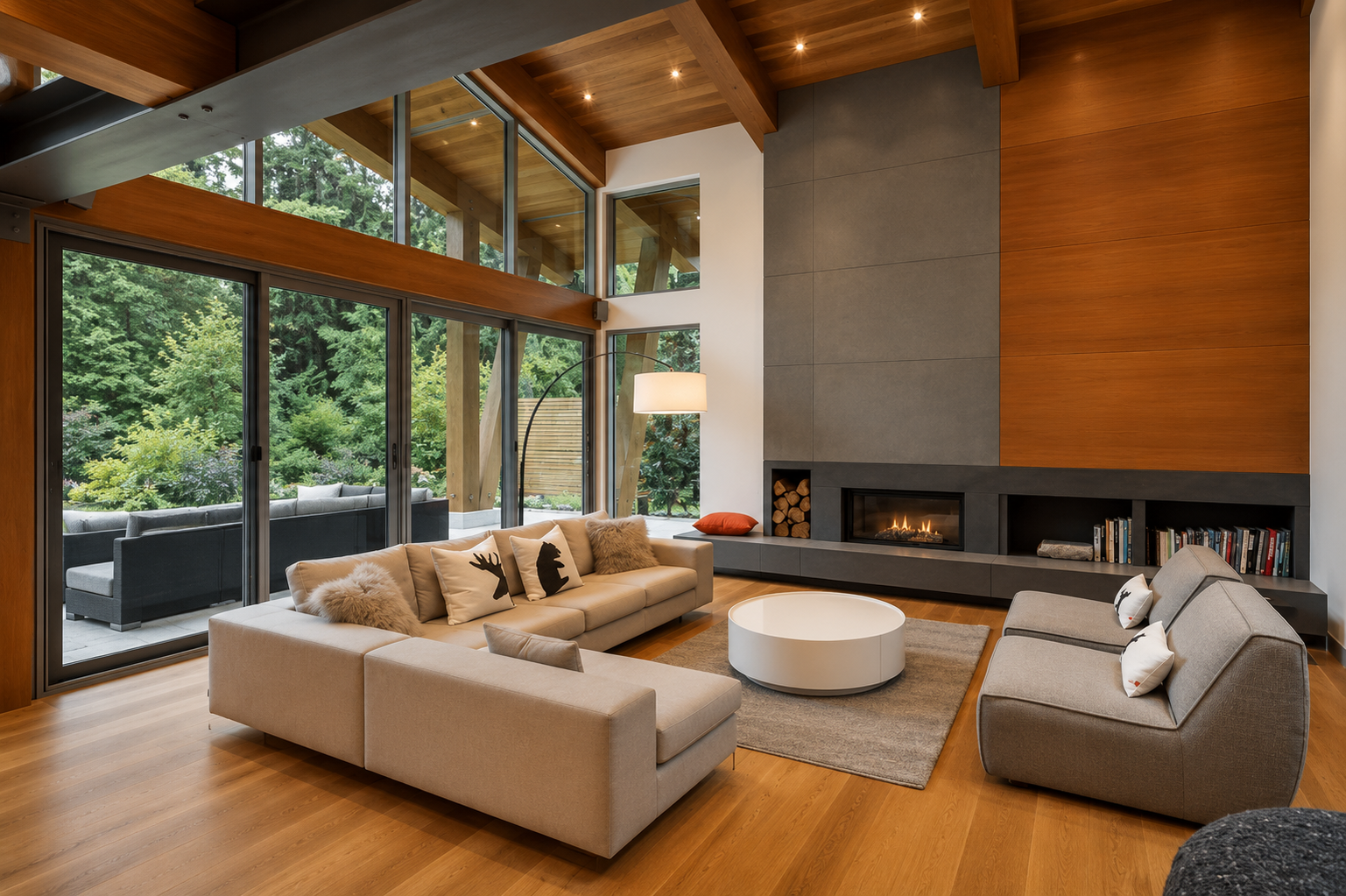 Living room with large windows, modern fireplace, beige and gray sofas, a white round coffee table, and decorative pillows.