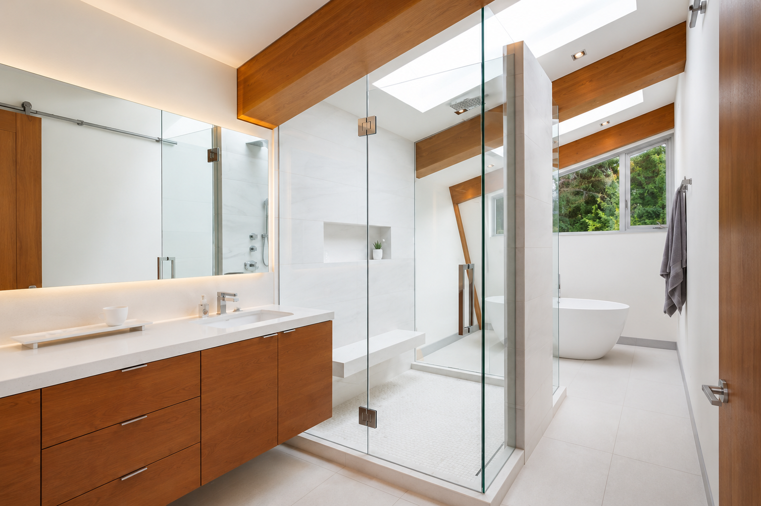Modern bathroom with wooden cabinets, a large mirror, a walk-in shower with glass walls, a freestanding bathtub, and large windows showing greenery outside.