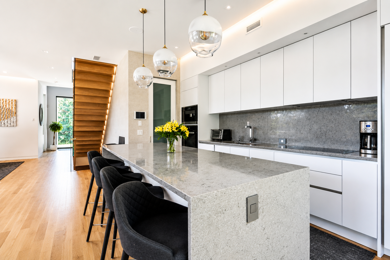 Modern kitchen with white cabinets, gray granite countertops, and pendant lights above a large island with black chairs, and a vase of yellow flowers.