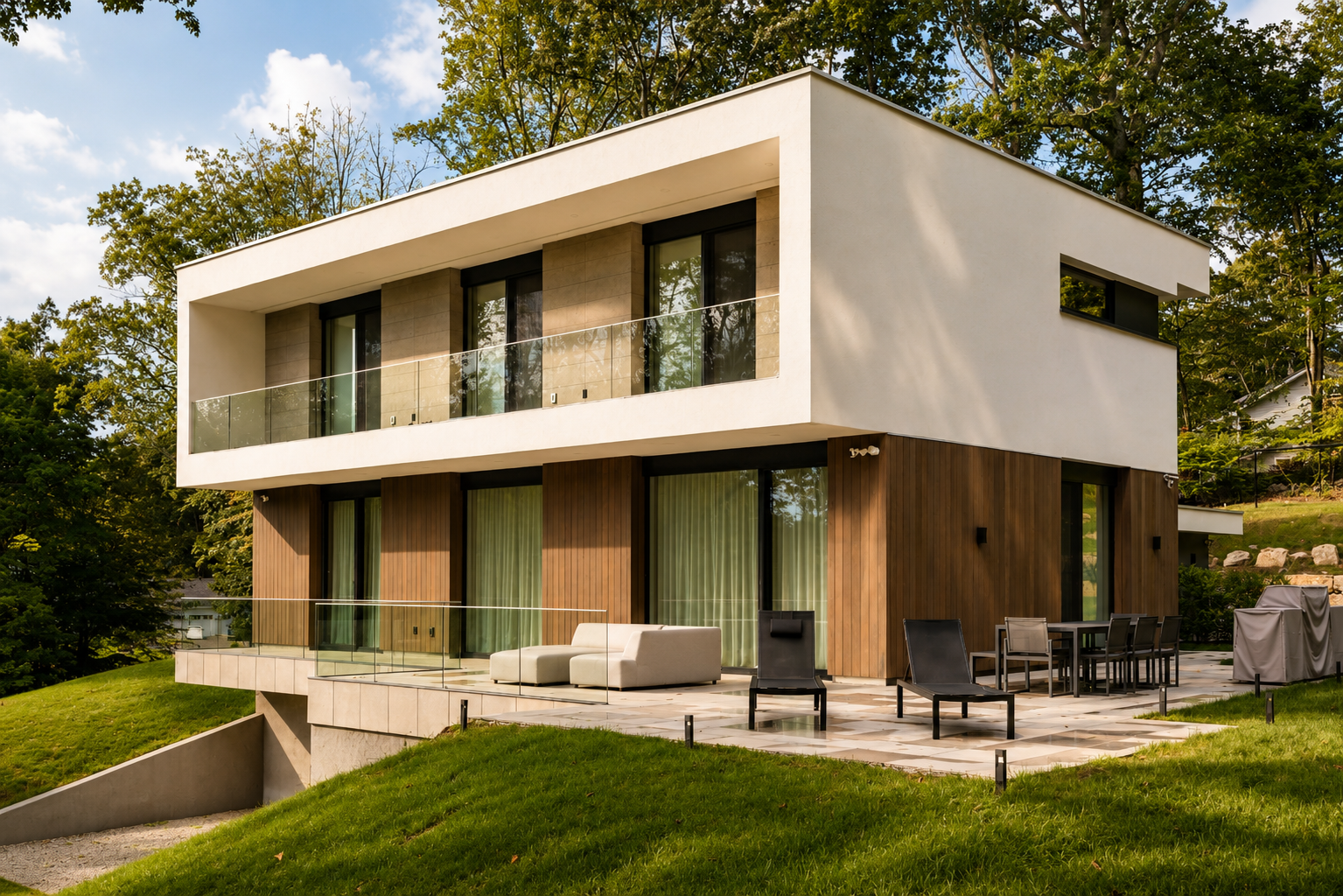Modern two-story house with white and wood exterior, large glass sliding doors, balcony with glass railing, outdoor seating area, green lawn, surrounded by trees.