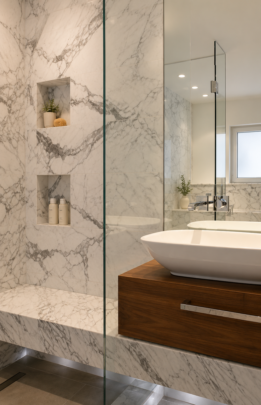 Modern bathroom with marble walls, built-in niches, a wooden vanity with a vessel sink, and a glass shower enclosure.