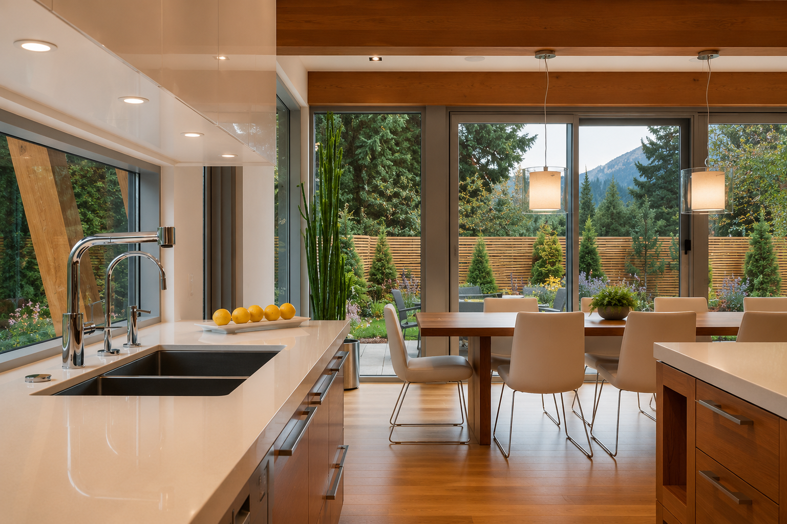 Modern kitchen with white countertops, black sink, tall green plant, wooden dining table with white chairs, large glass sliding doors showing an outdoor garden with trees and mountains, pendant lights, and wooden accents.