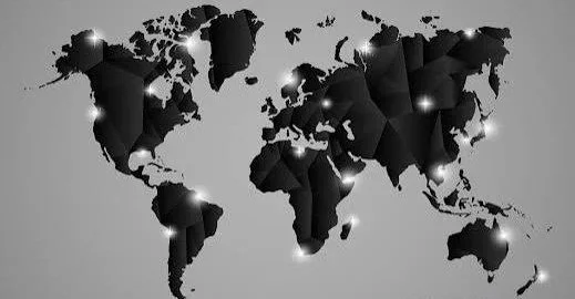 Black and gray world map with illuminated city points showing global networking and coverage.