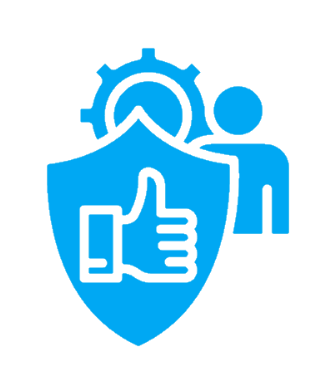 A person standing next to a shield with a thumbs-up symbol, a gear, and a checkmark inside.