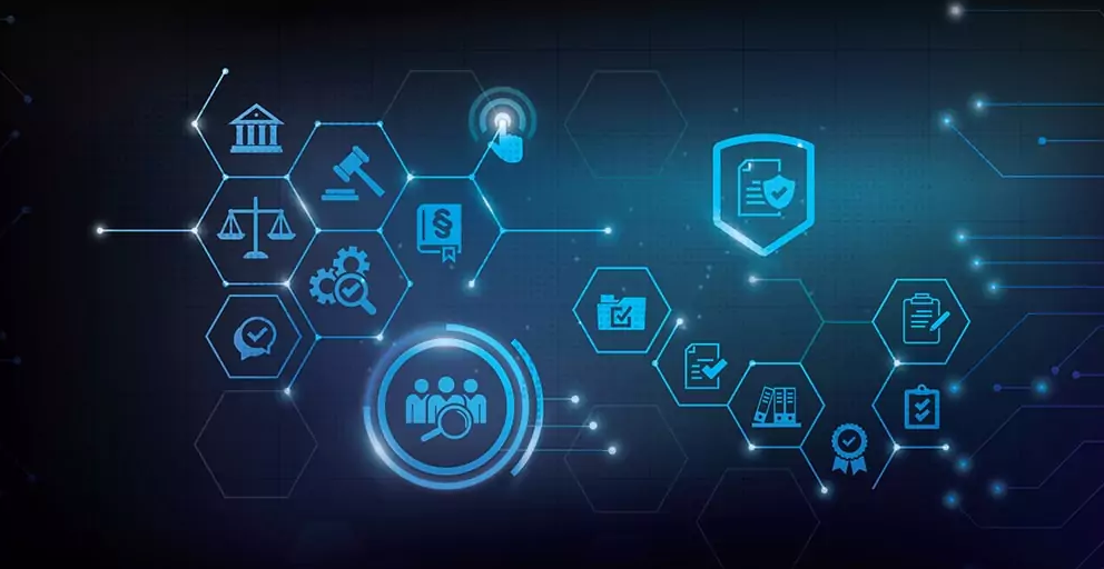 Digital graphic with icons representing legal, justice, and legal process, connected by hexagonal shapes on a dark background.