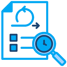 An infographic showing a process with a circular arrow, checkboxes, and a magnifying glass with a clock, representing process review or analysis.