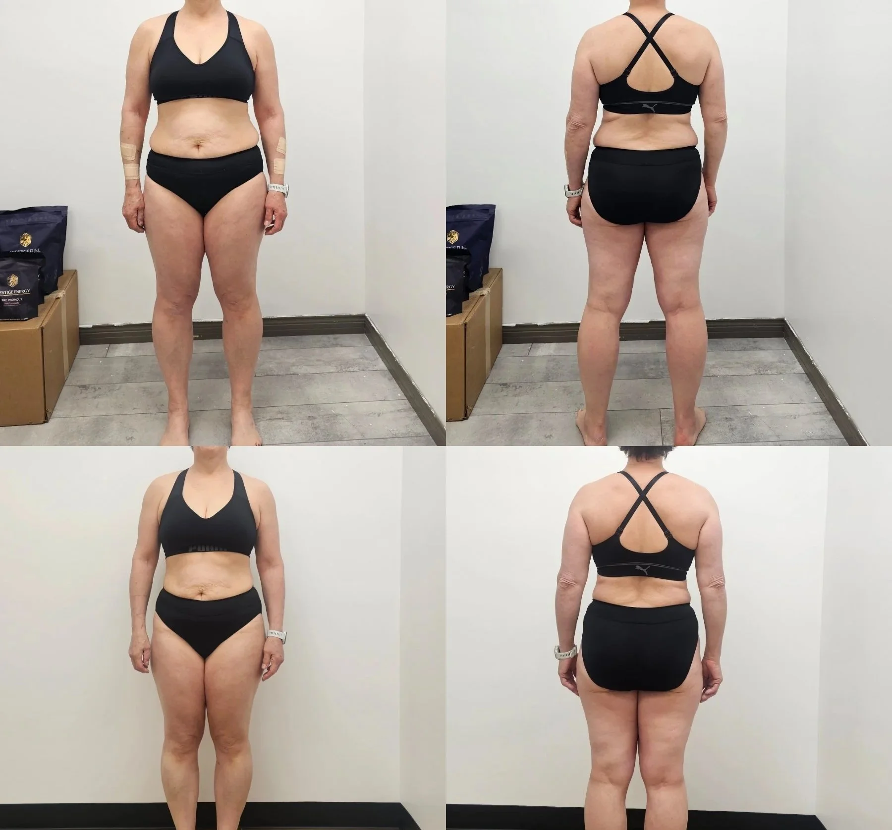A woman in black sports bra and shorts standing in front of a plain white wall, showing before and after photos of her body transformation, front and back views.
