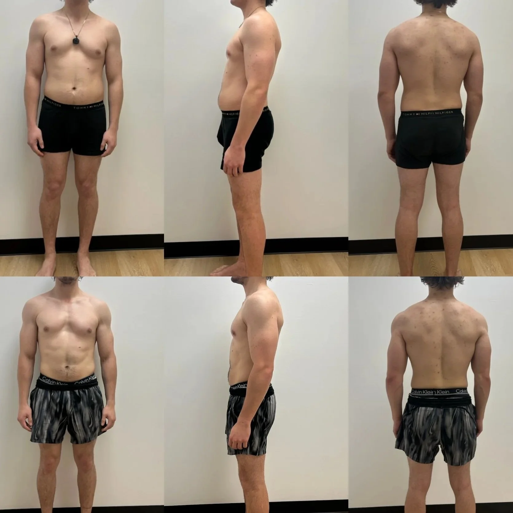Three views of a man with an average physique, showing front, side, and back angles, wearing black shorts, standing against a white wall.