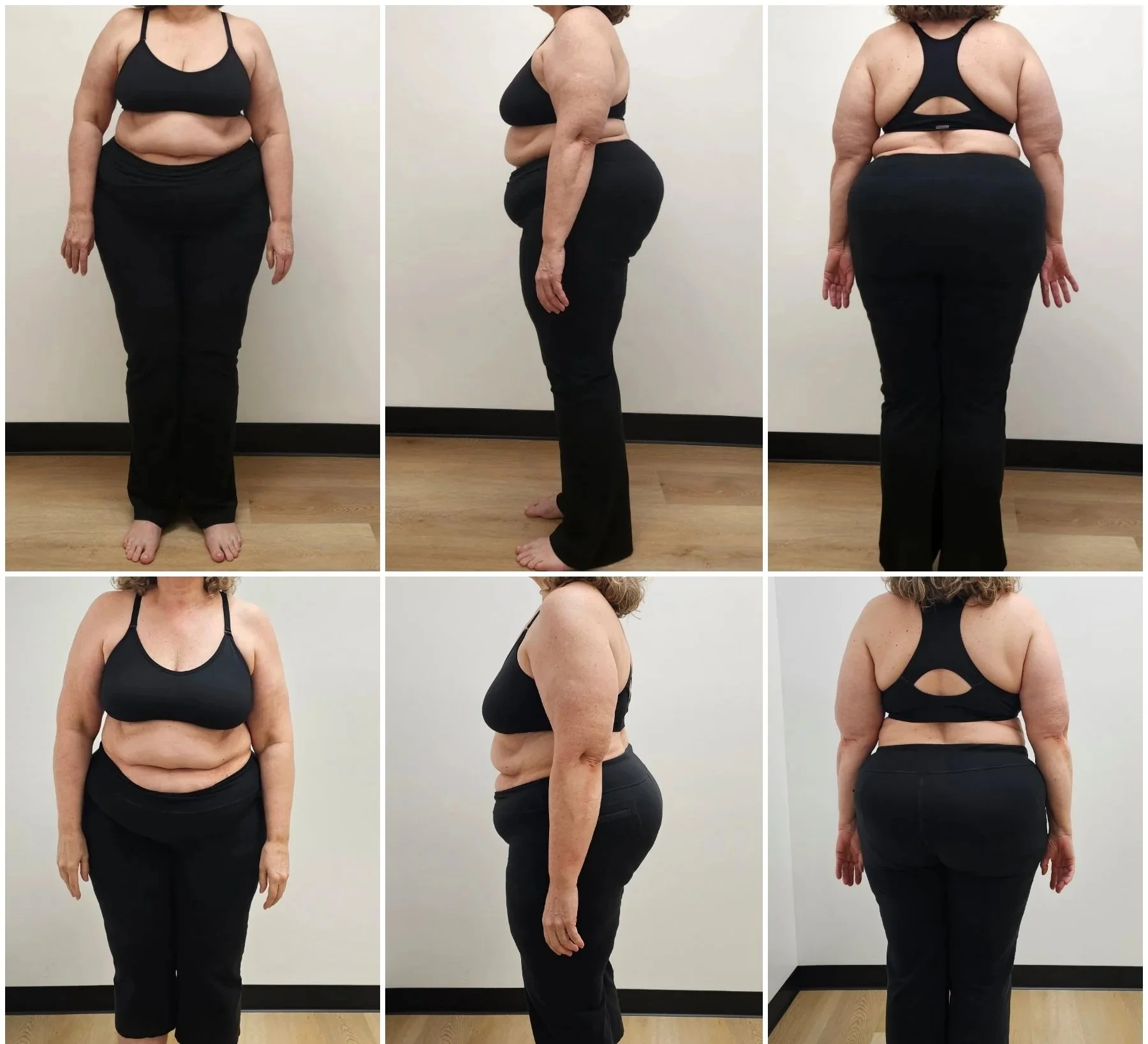 Series of photos showing a woman in black workout clothes from front, side, and back views before a fitness transformation.
