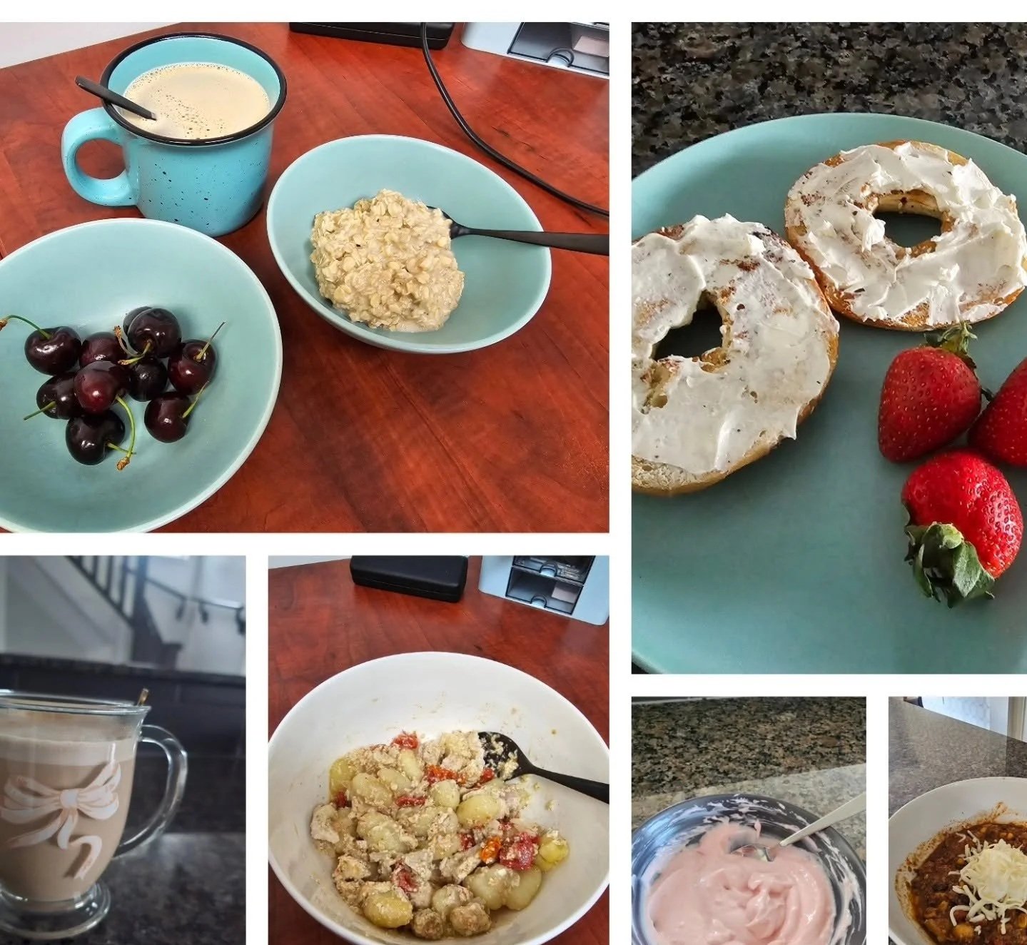 A collage of breakfast foods: a blue mug of coffee with a spoon, a bowl of oatmeal with a spoon, a plate with strawberries, a glass of chocolate milk, a bowl of potato salad with vegetables, a bowl of pink yogurt with a spoon, blueberry bagels with cream cheese, and a bowl of chili with shredded cheese.