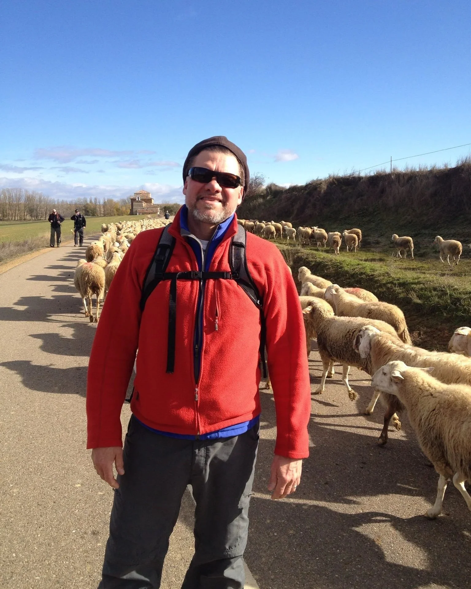 A man wearing sunglasses, a brown beanie, a red fleece jacket, and hiking gear, standing on a path lined with sheep, with a historical stone building and a clear blue sky in the background.