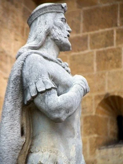 Stone statue of King Alfonso II, the first pilgrim to Santiago