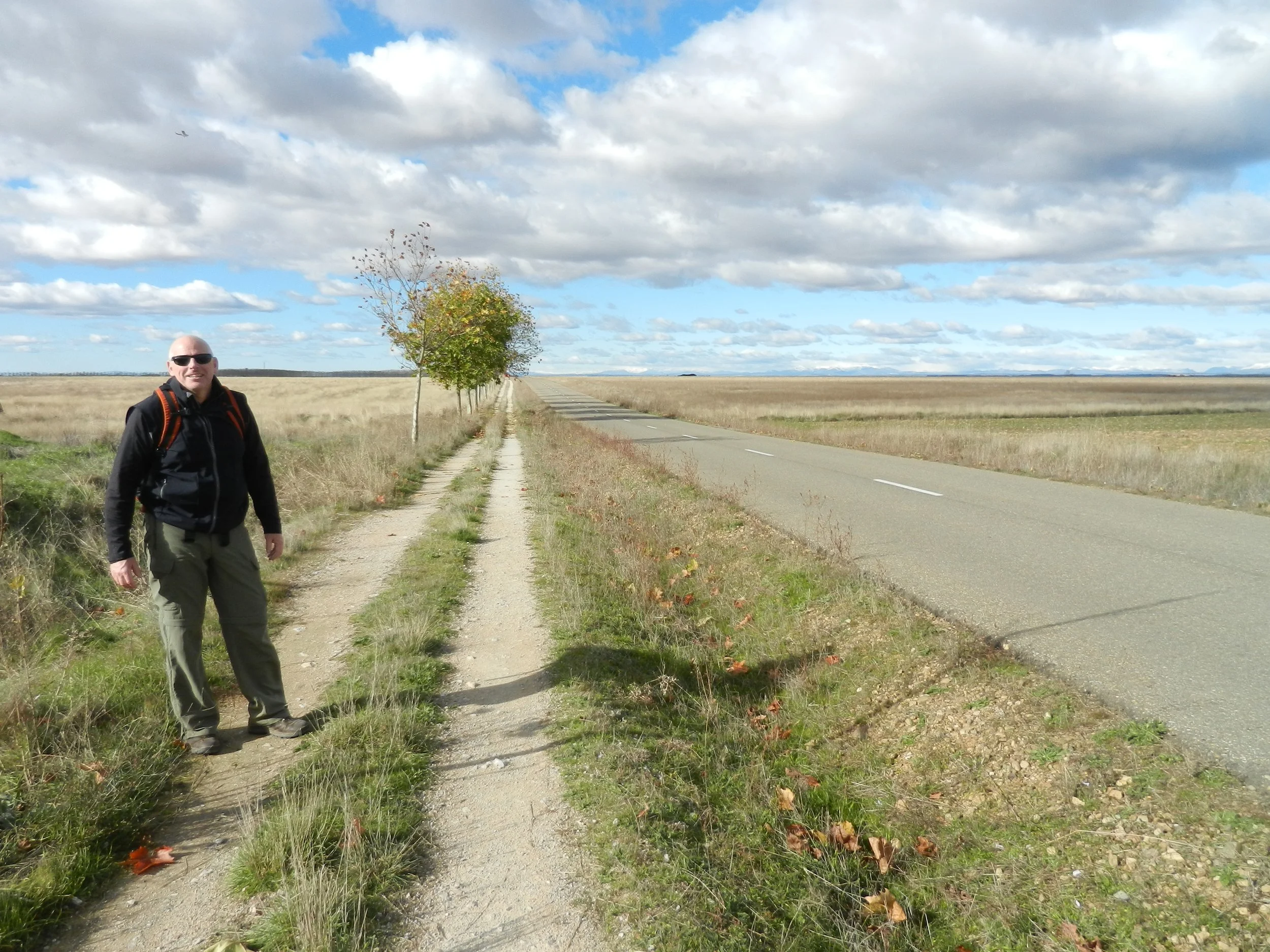 A man standing on a dirt path beside a paved road in a rural area with open fields and scattered trees under a cloudy sky.