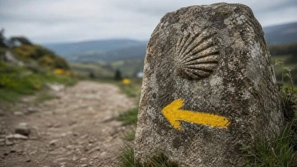 Camino waymarker stone with a scallop shell and yellow arrow on a dirt path