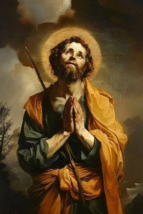 Painting of St. James the Apostle with a pilgrim’s staff, hands clasped in prayer