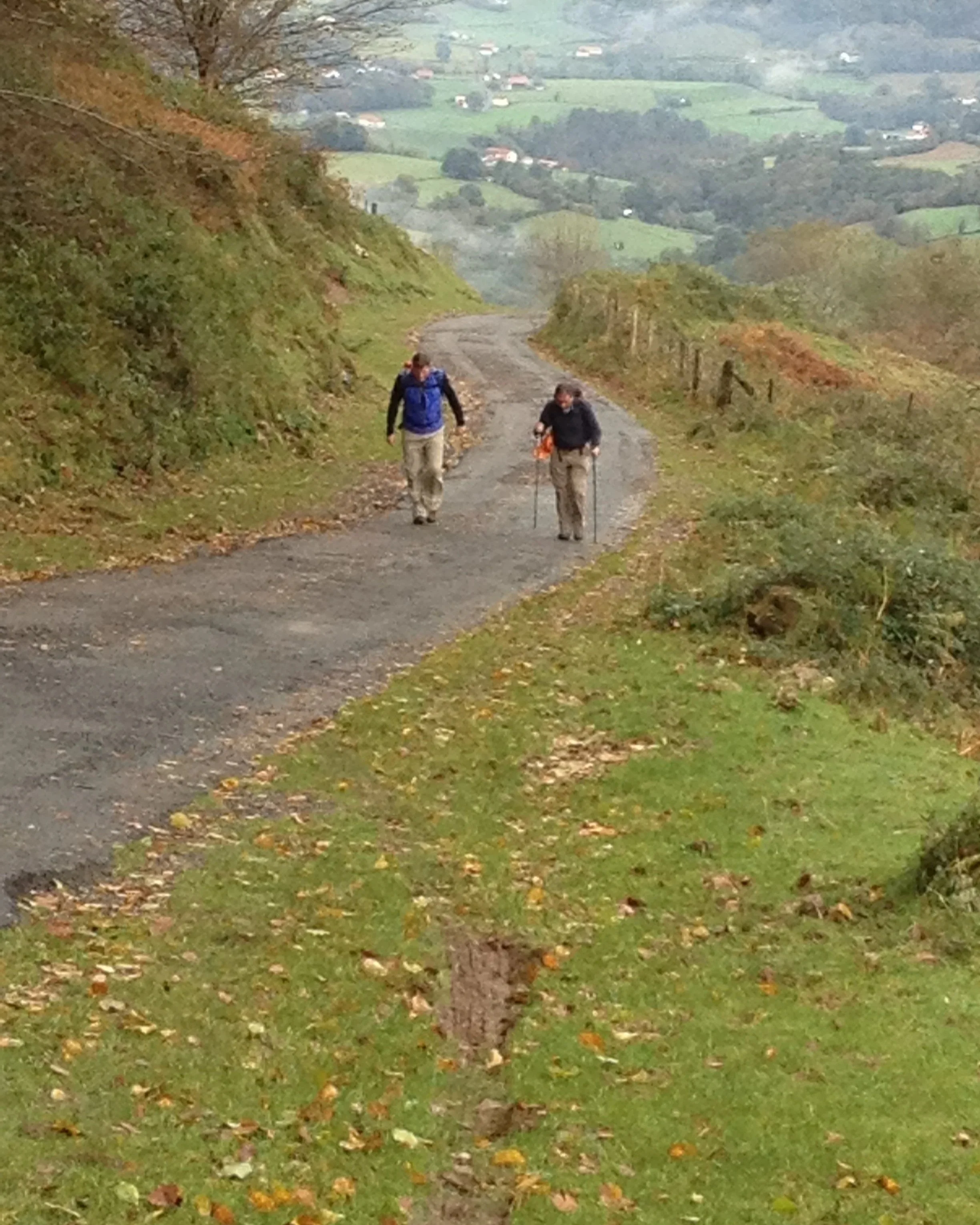 Two hikers walking along a dirt trail in a rural landscape with rolling green hills, scattered trees, and distant village houses.