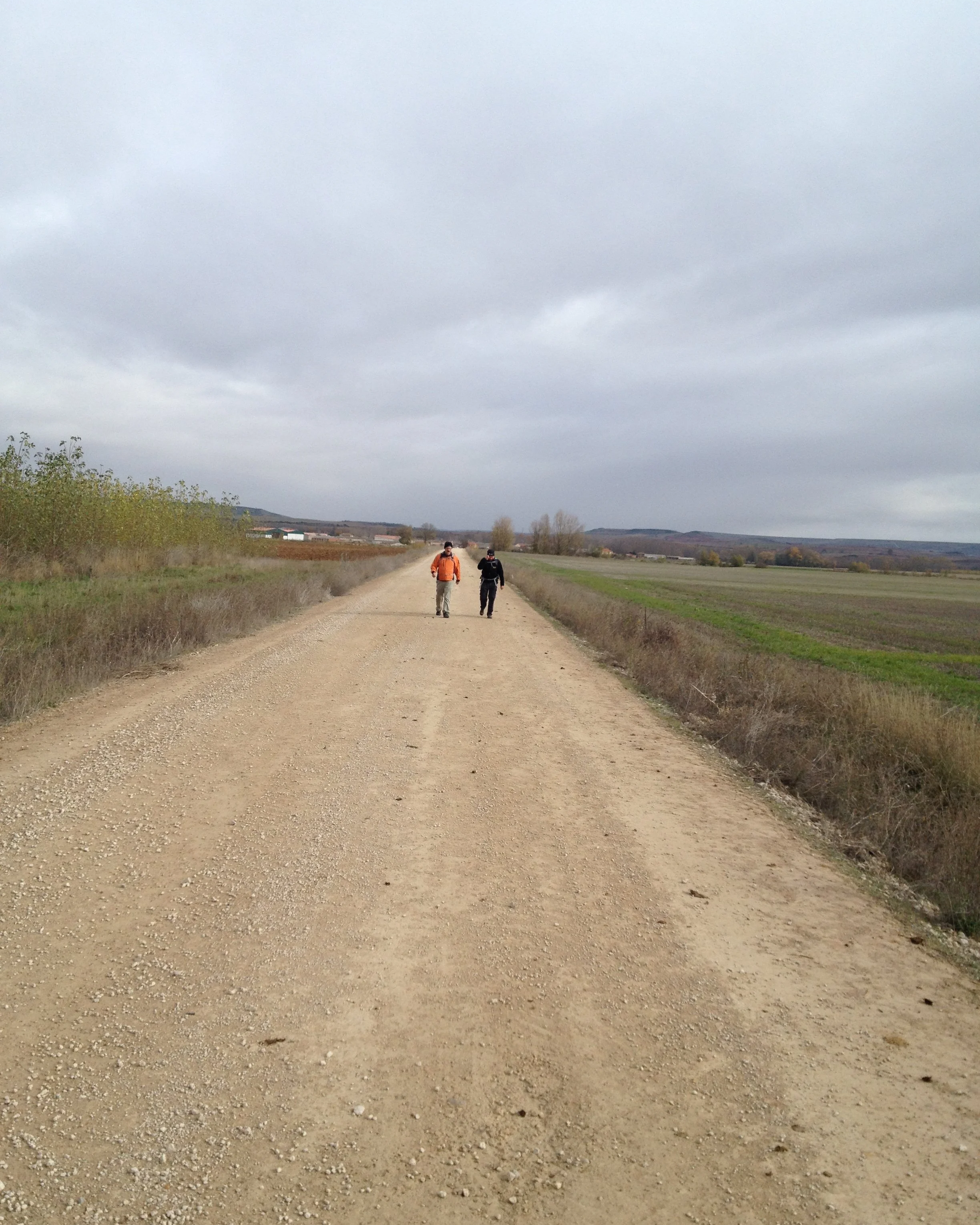 A dirt road in a rural area with two people walking, surrounded by fields and distant trees under a cloudy sky.