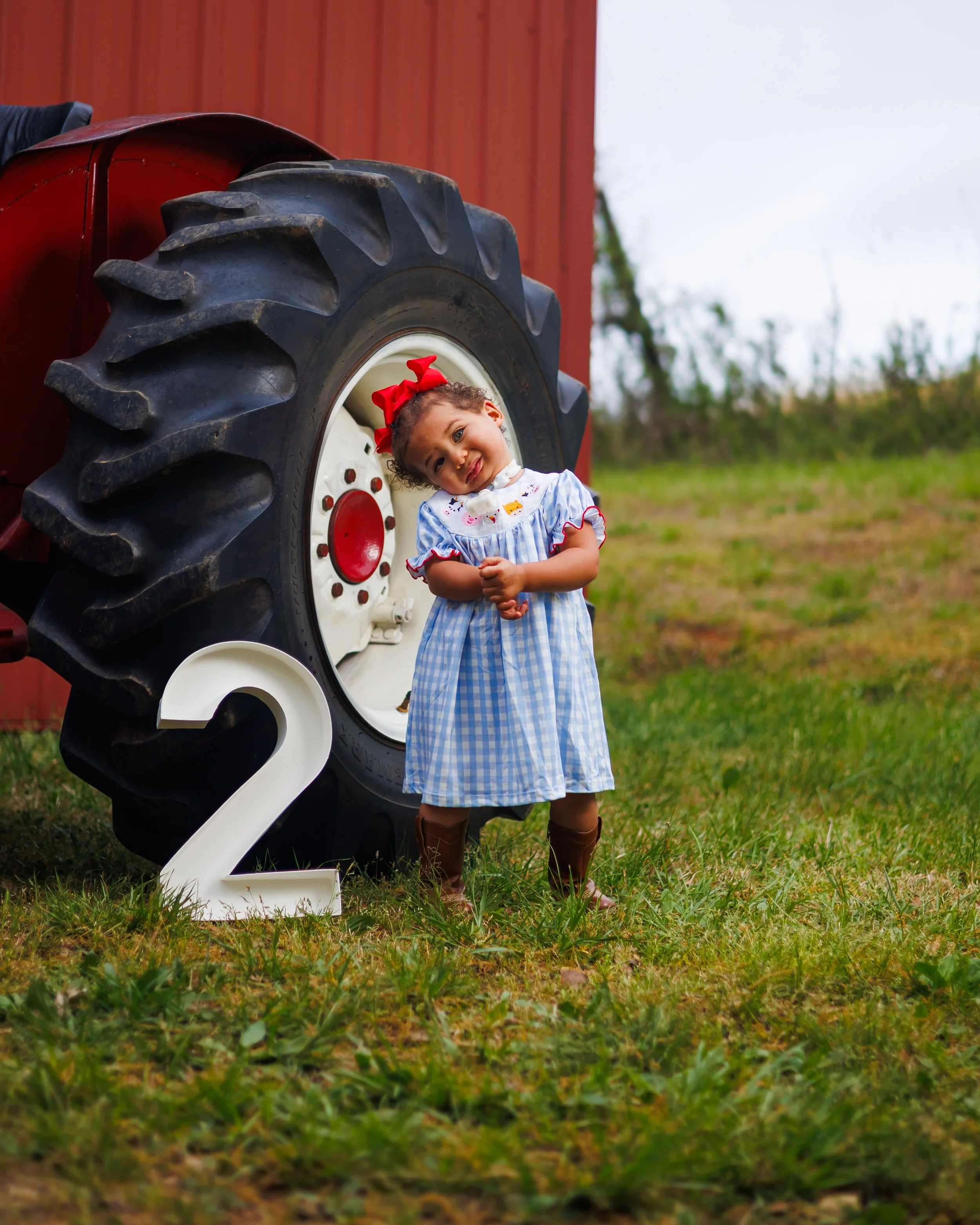 A young girl with curly hair, wearing a blue and white checkered dress with a large red bow in her hair, stands inside a large tractor tire outside near a red barn, with a grassy area and trees in the background.