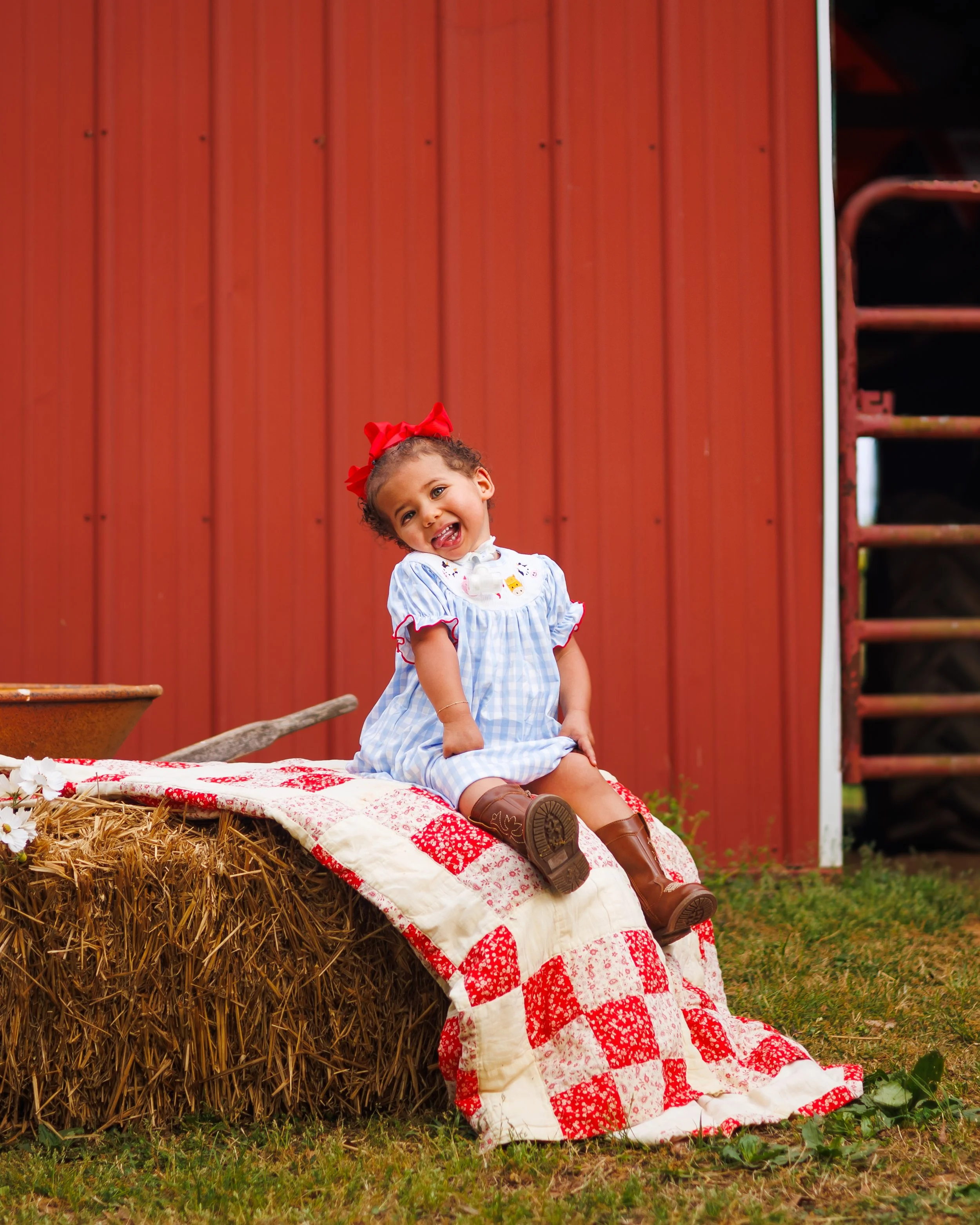 A young girl wearing a blue and white dress with a red bow in her curly hair, sitting on a quilted blanket draped over a hay bale, smiling and sticking out her tongue. The scene appears to be outdoors with a red barn and a ladder in the background.
