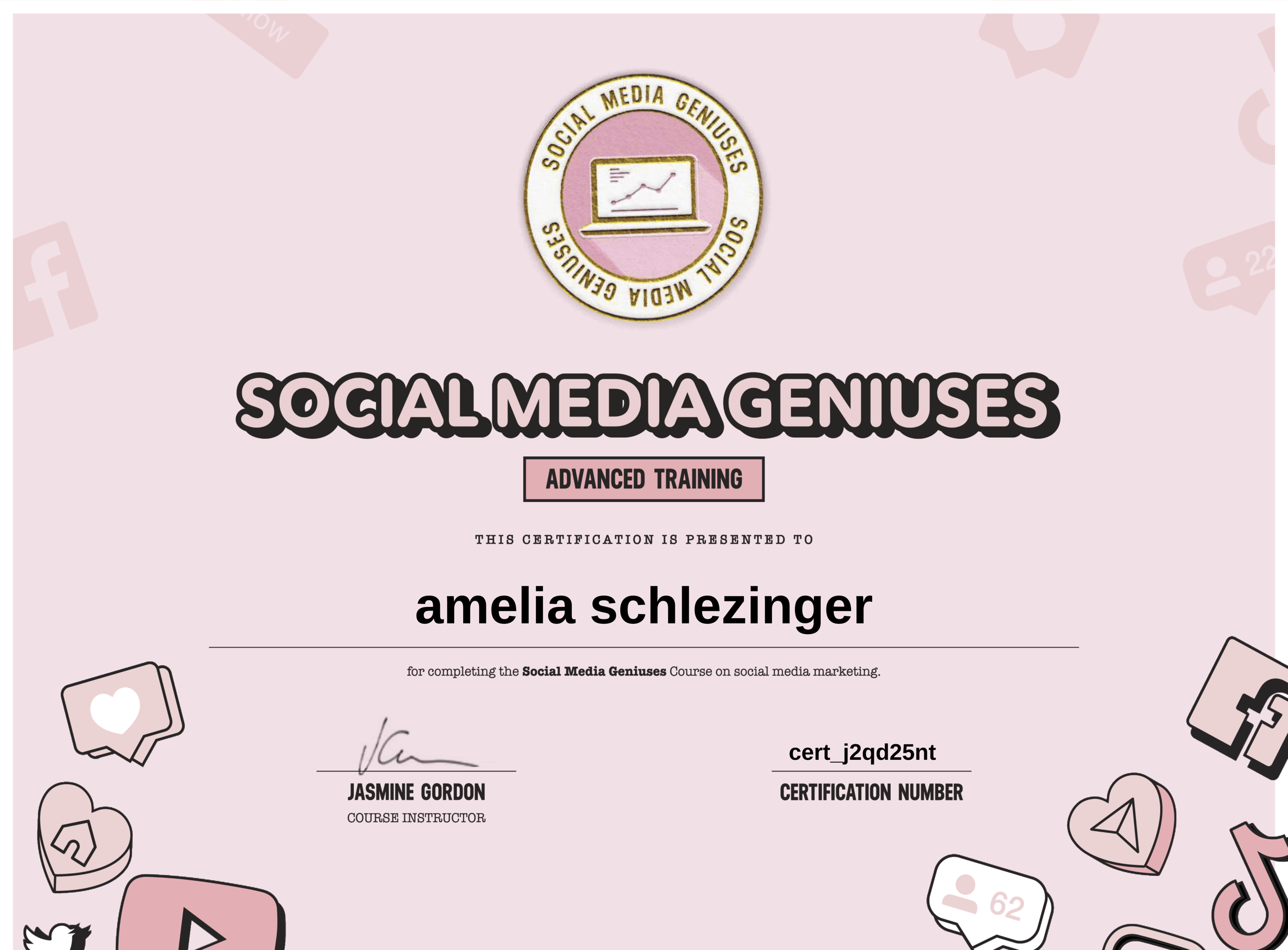 Social media marketing certificate from Social Media Geniuses