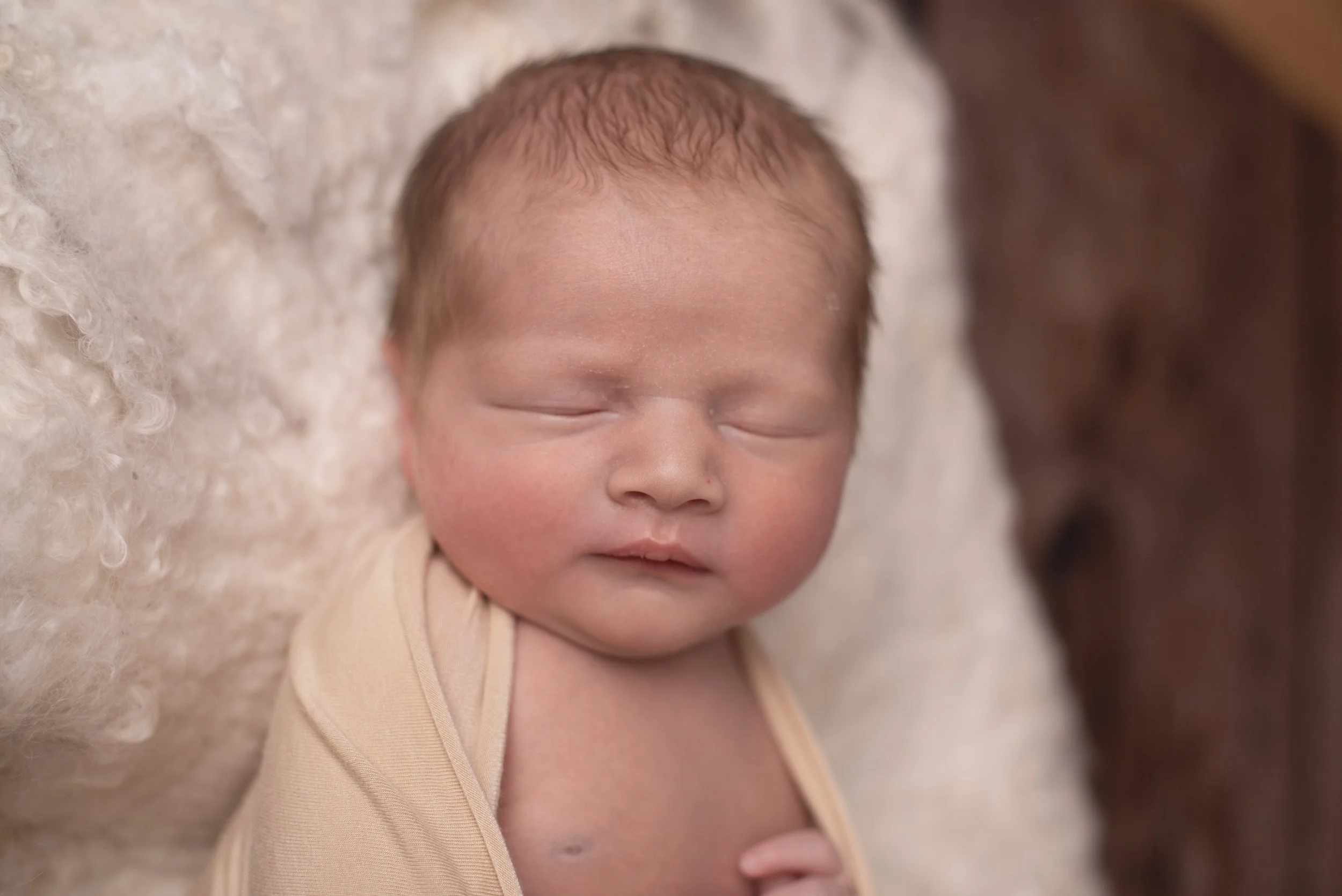Close-up of a sleeping newborn baby with a fur blanket and a brown plush toy in the background.
