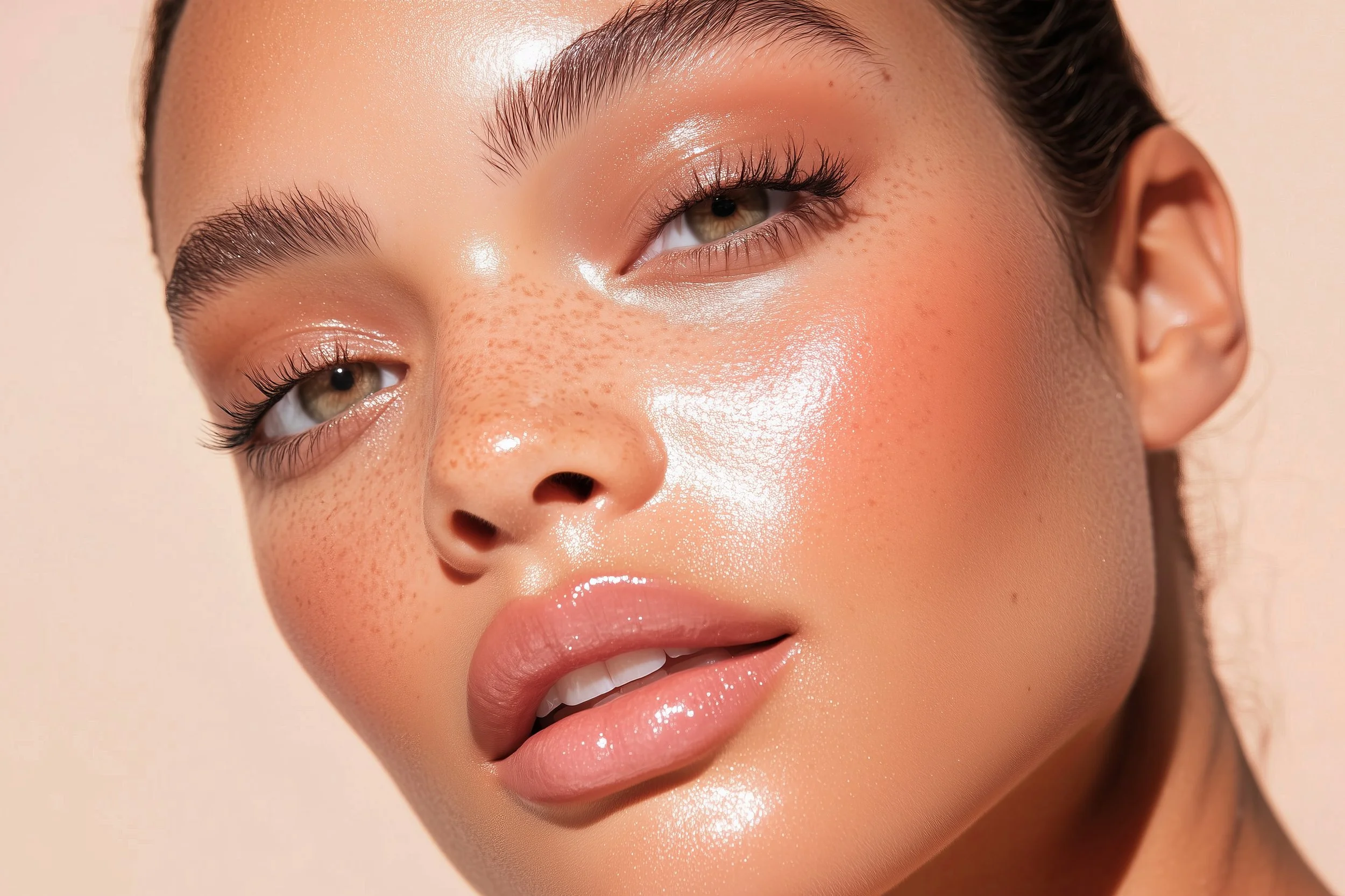 Close-up of a young woman's face showing her forehead, eyes, nose, cheeks, and parted lips. She has dewy, glowing skin, natural makeup, and freckles. Her dark hair is pulled back.