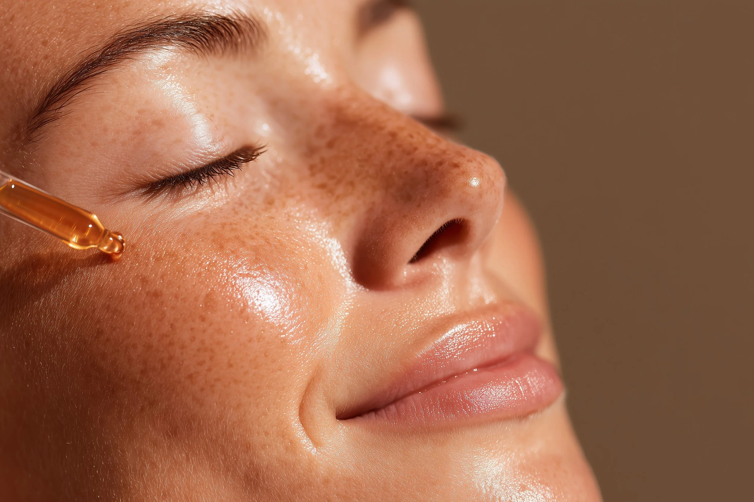 Close-up of a woman's face with glowing skin, closed eyes, visible freckles, and a dropper applying serum to her cheek.