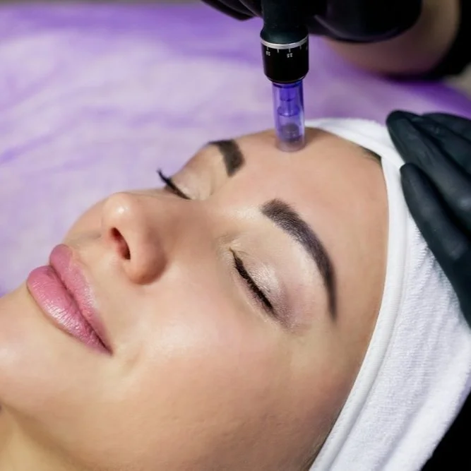 Woman receives cosmetic treatment with a syringe on her forehead, lying down with eyes closed, wearing a head covering.