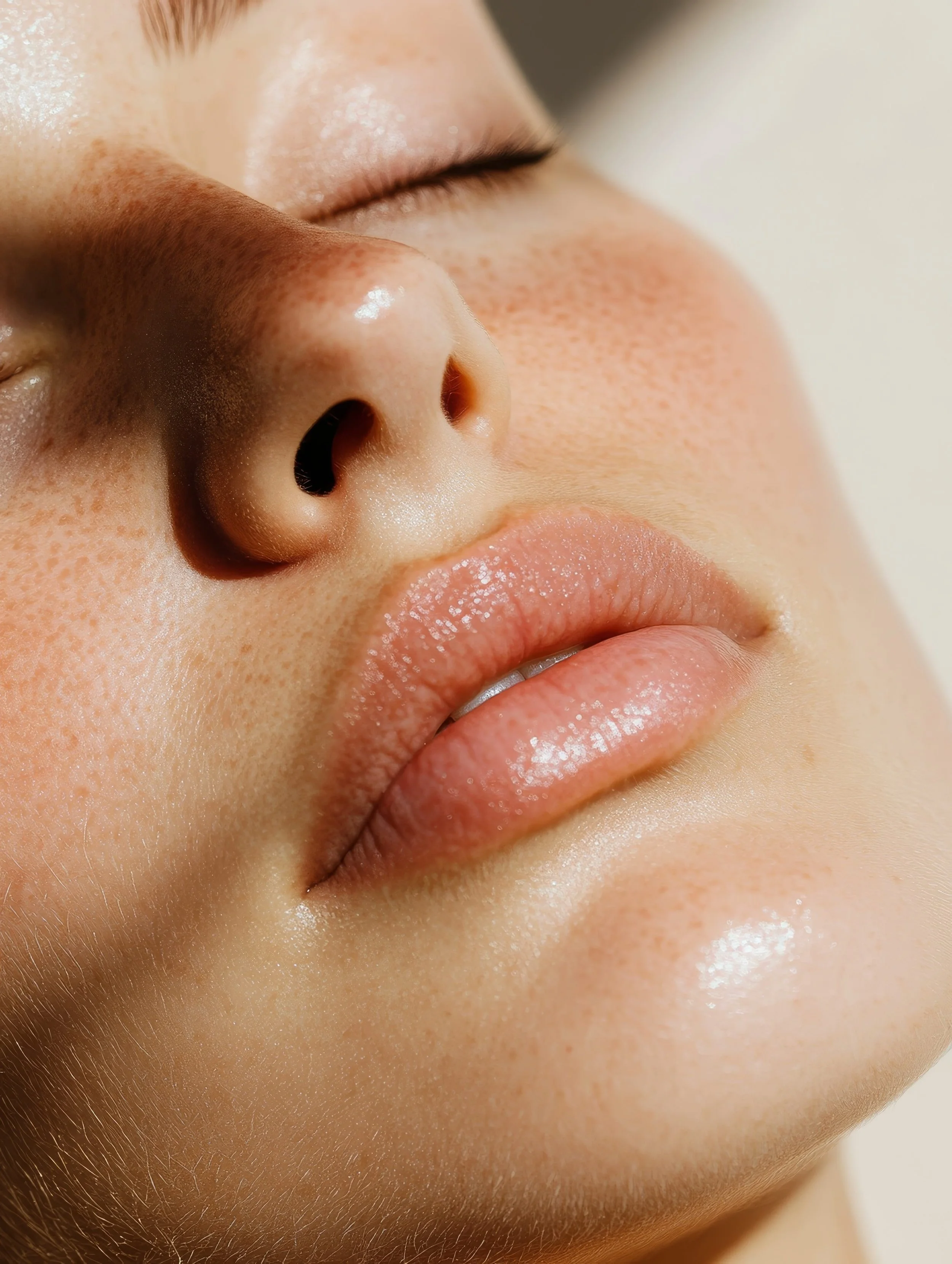 Close-up of a person's face showing a nose, lips, and part of an eye with closed eyelid. The skin is smooth, with visible natural pores and some freckles.