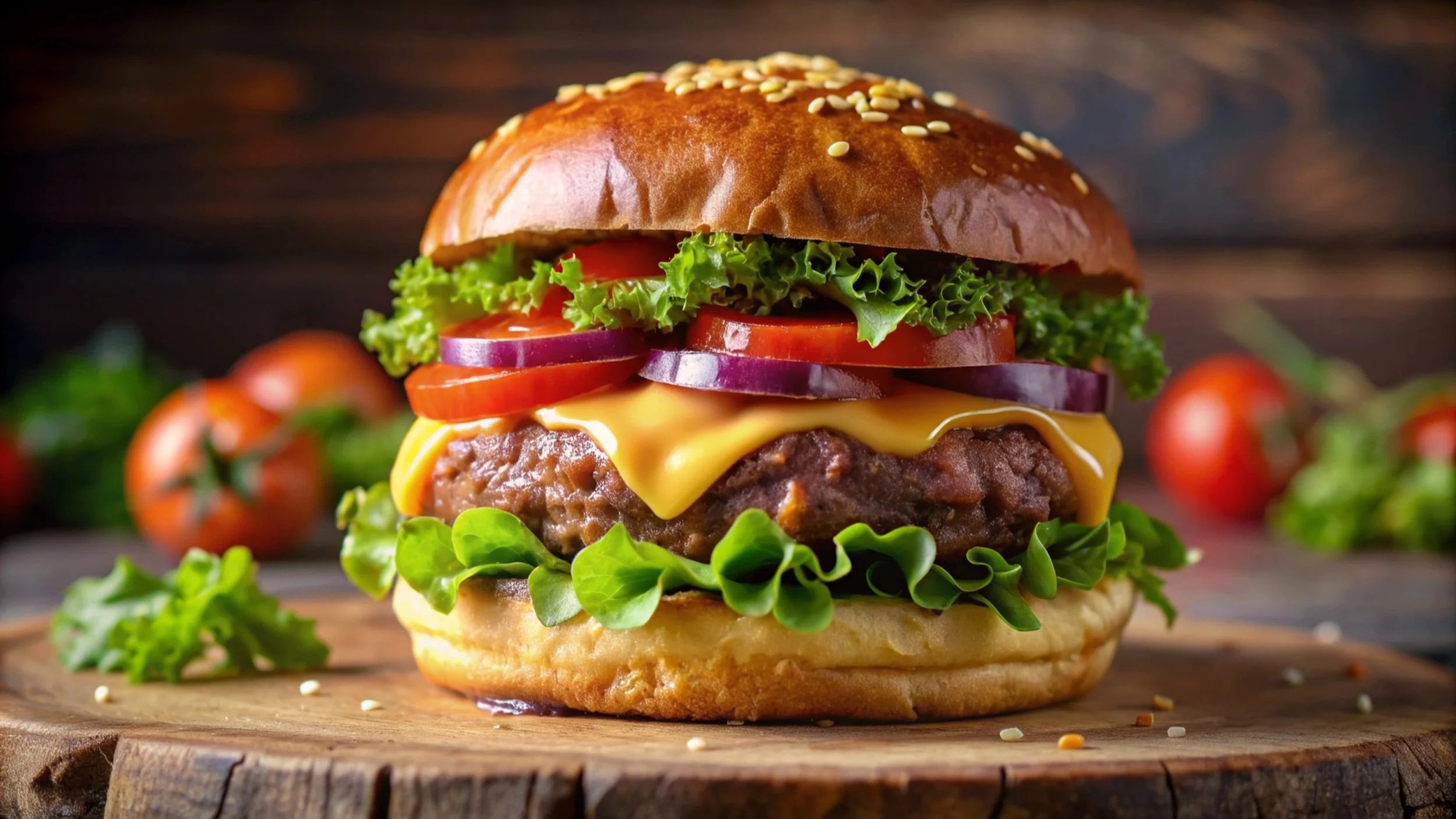 Close-up of a cheeseburger with lettuce, tomato, red onion, cheddar cheese, a beef patty, and a sesame seed bun, on a wooden surface with cherry tomatoes around it.