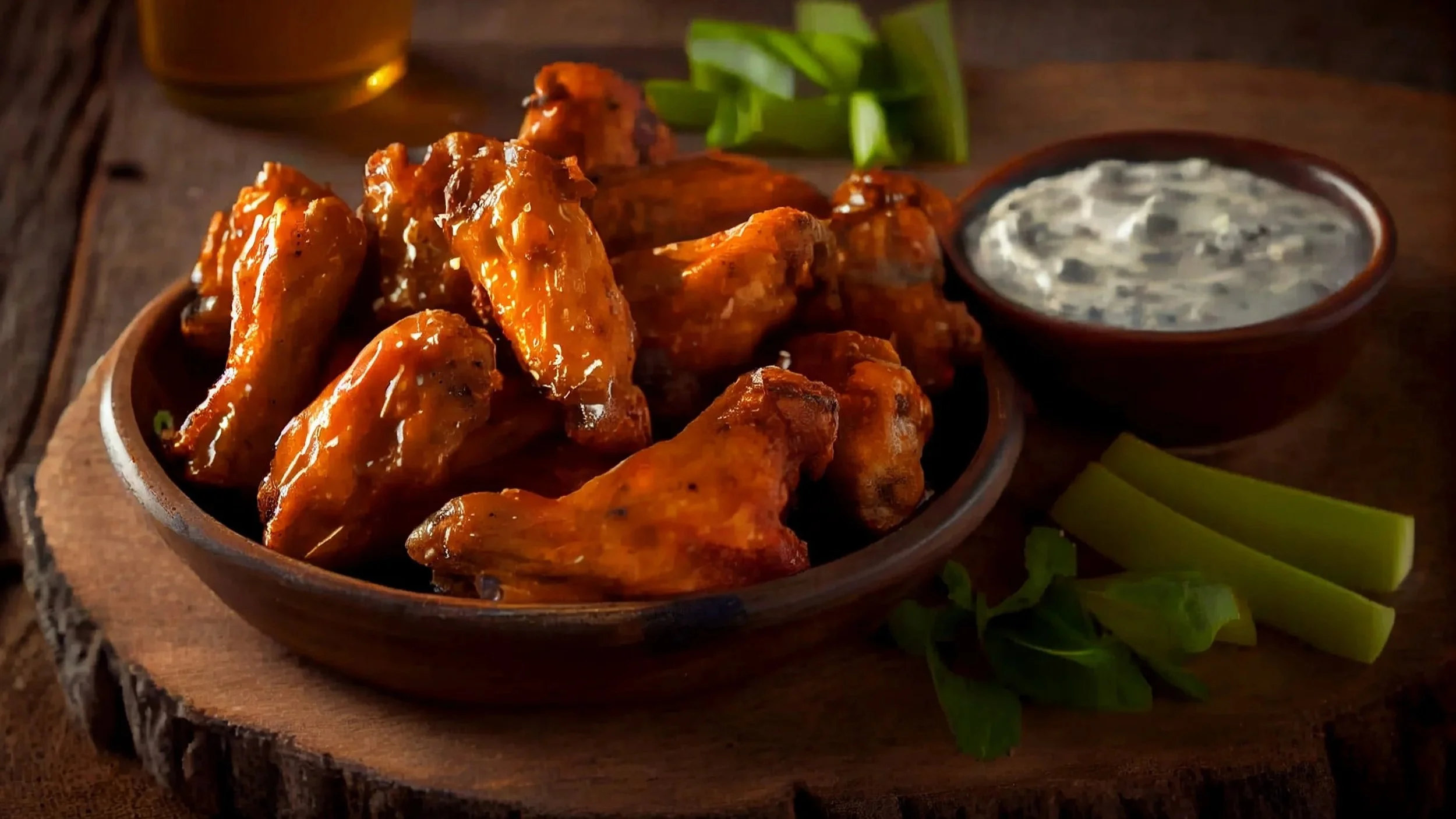 A wooden plate of glazed chicken wings with a bowl of blue cheese dressing and celery sticks on the side.