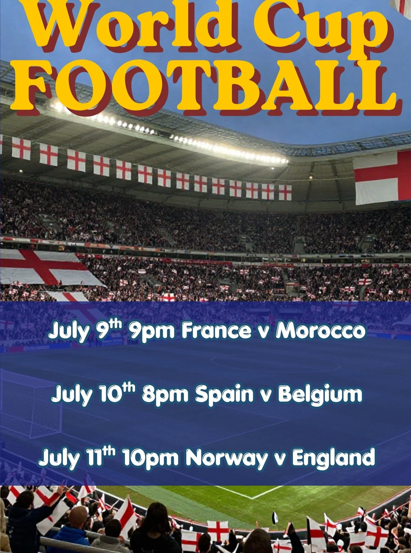🏆 THE WORLD CUP IS ON THE BIG SCREEN! 🏆

The tension is hitting a fever pitch, and we are showing all the blockbuster action live here at the Hole in the Wall! 🍻⚽

Grab your mates, get the pints in, and join us for an incredible weekend of world-c