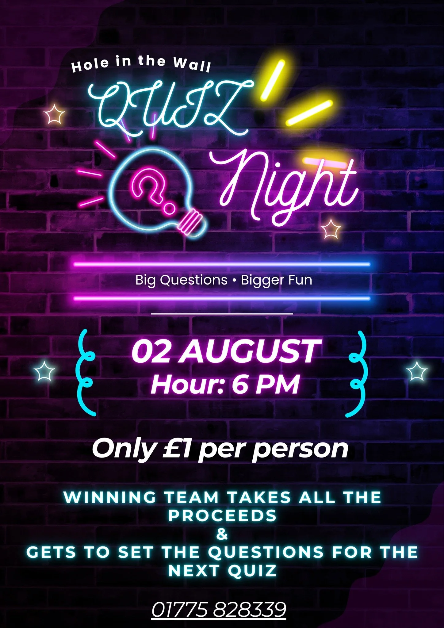 🧠 QUIZ NIGHT AT THE HOLE IN THE WALL! 💡✨

Think you&rsquo;re the sharpest mind in Spalding? It&rsquo;s time to gather your brainiest mates, form a team, and put your trivia knowledge to the test!

🗓️ Date: Sunday, 2nd August

⏰ Time: Starts at 6:0