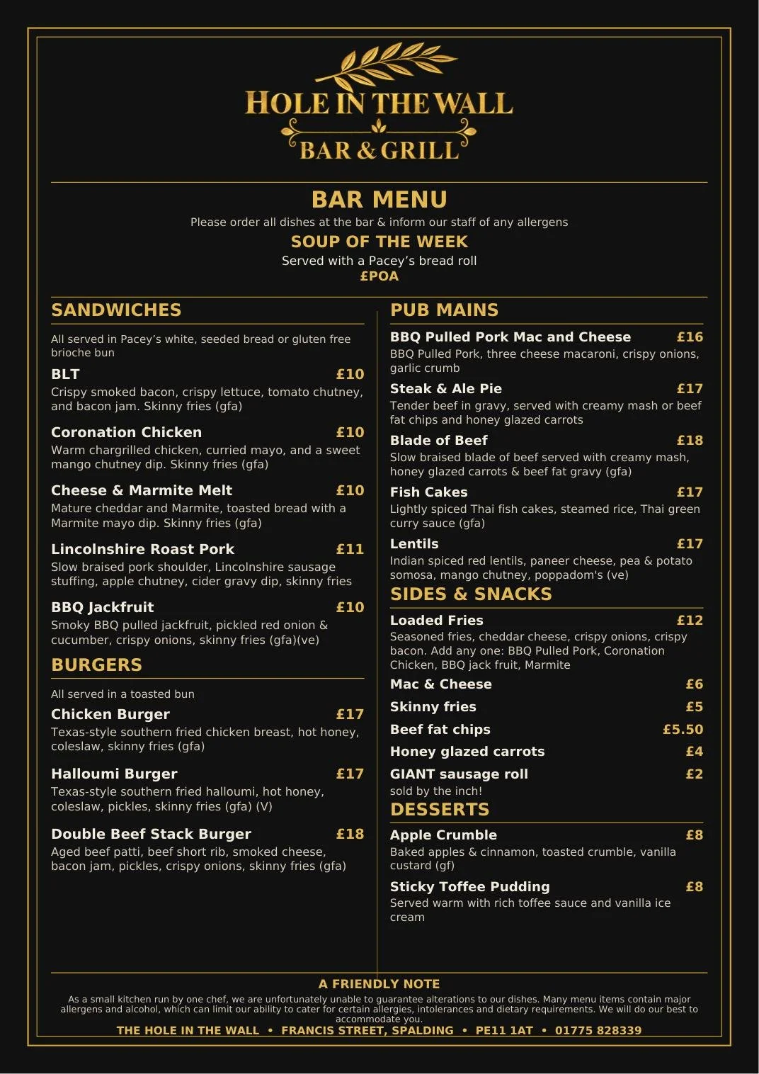 🍽️ OUR NEW AUTUMN MENU STARTS THIS WEDNESDAY! 🍽️
We&rsquo;re excited to launch our brand-new Autumn Bar Menu at The Hole in the Wall, Spalding this Wednesday!
Packed with proper pub favourites, hearty dishes, burgers, sandwiches, snacks and temptin