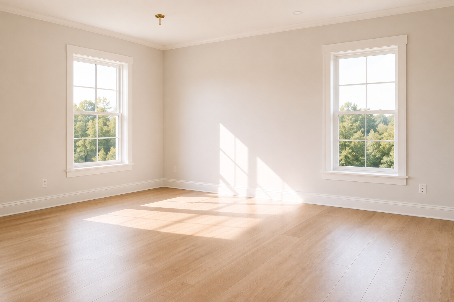 Empty room with two windows, white walls, wooden floor, and sunlight streaming in.
