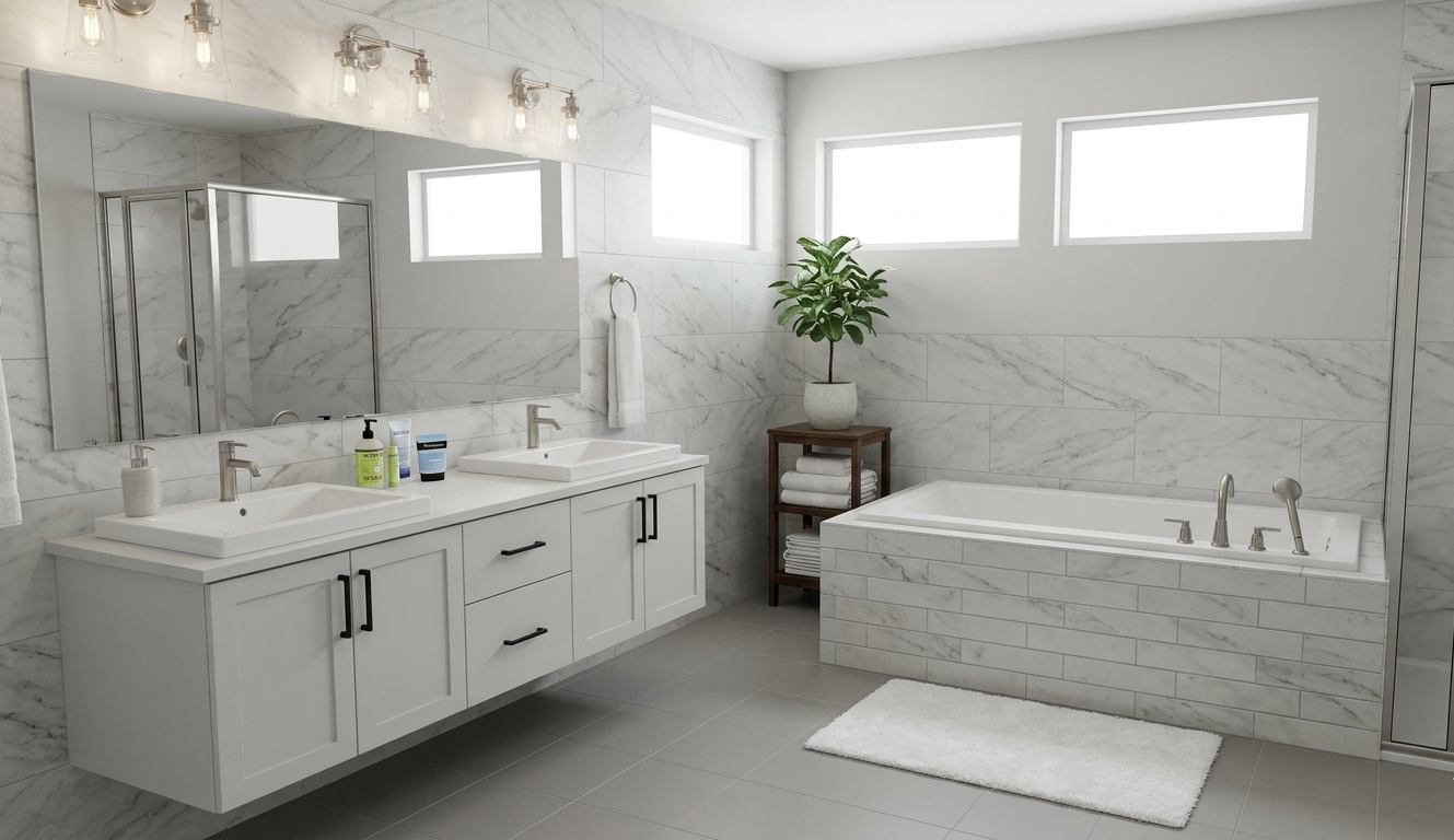 A modern bathroom with a double vanity, large mirror, and a separate bathtub. The walls are decorated with white marble tiles, and there are three small horizontal windows providing natural light. A potted plant adds a touch of greenery, and towels are neatly stored on a wooden shelf. The floor is tiled in gray, and there is a white bath mat in front of the bathtub.
