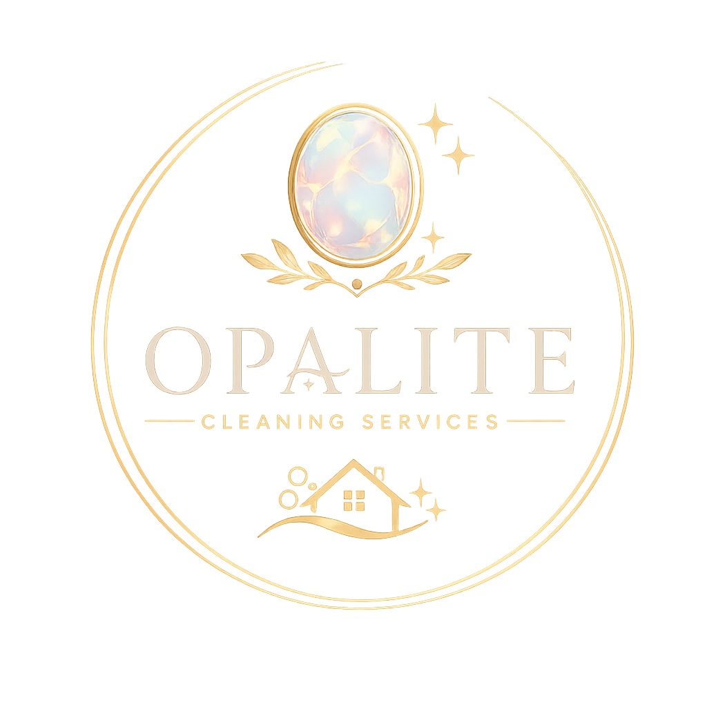 Gold-colored badge with an iridescent oval gemstone at the top, the word 'OPALITE' in large letters, and 'CLEANING SERVICES' underneath. There is a small house icon at the bottom and decorative star and leaf elements.