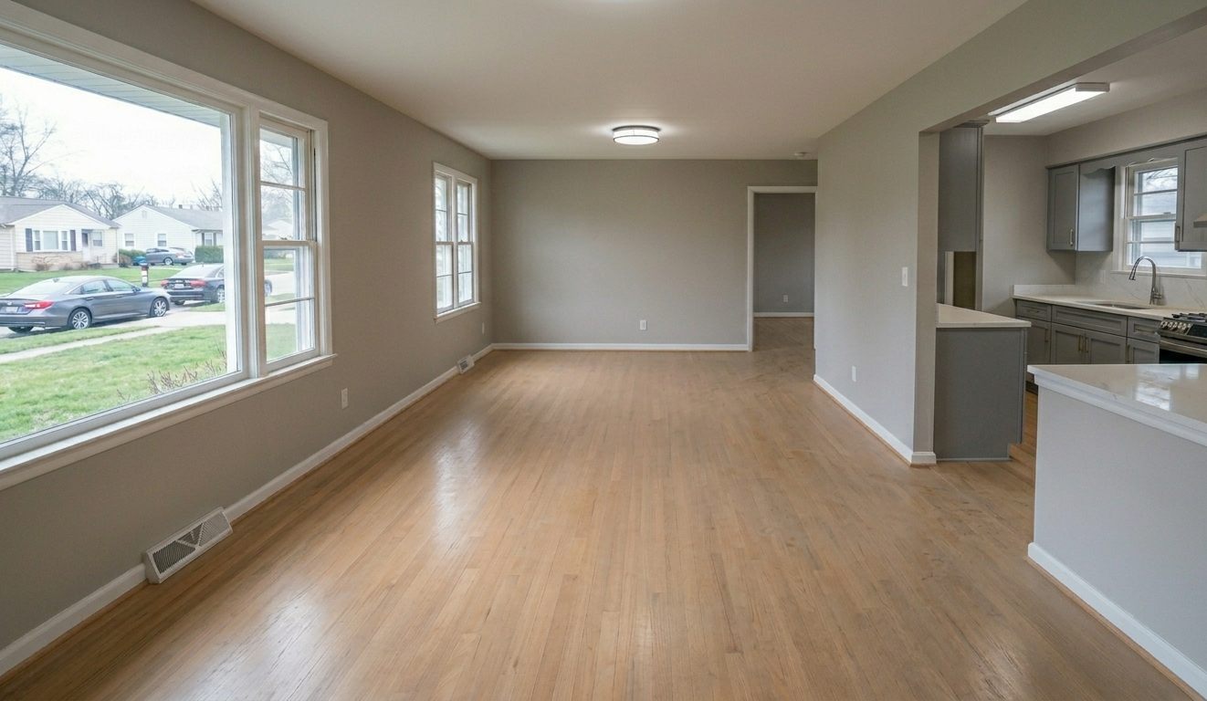 Empty living room with hardwood floors, large windows, and an open kitchen in the background.