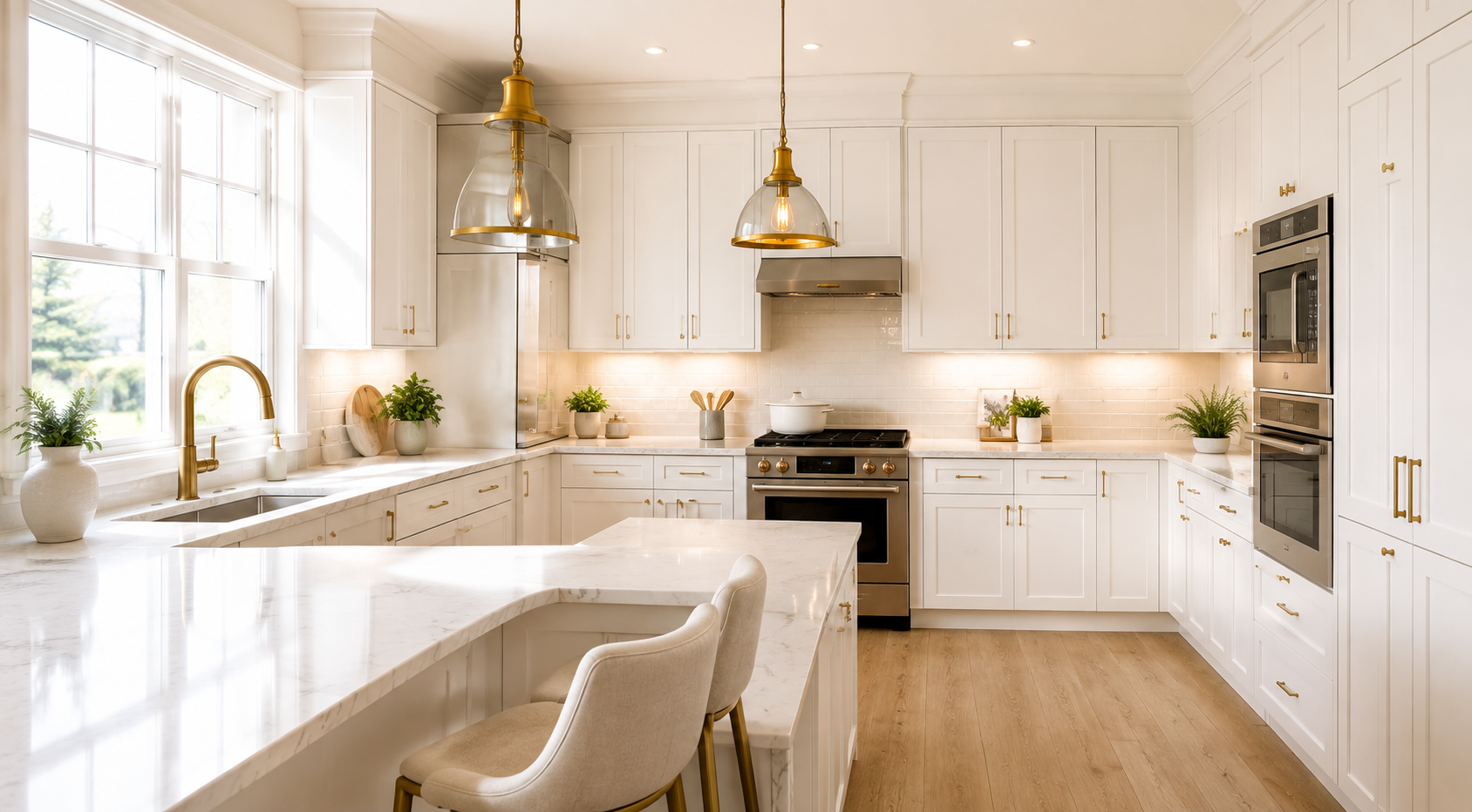 Bright kitchen with white cabinets, marble countertops, and gold hardware. Features a large island with seating, a window with a view, and stainless steel appliances. Decor includes green plants and small art pieces.